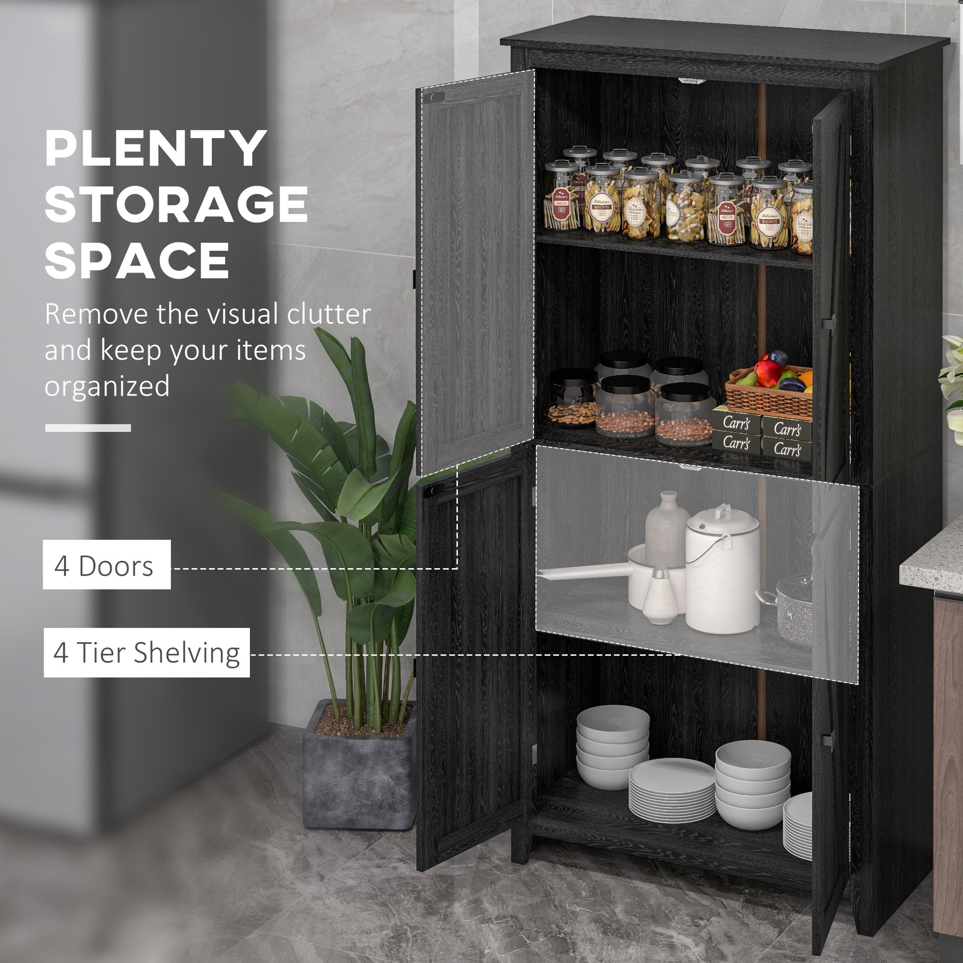 72" Black Pantry Cabinet with Shelves & Doors for Kitchen-DECOROLALA