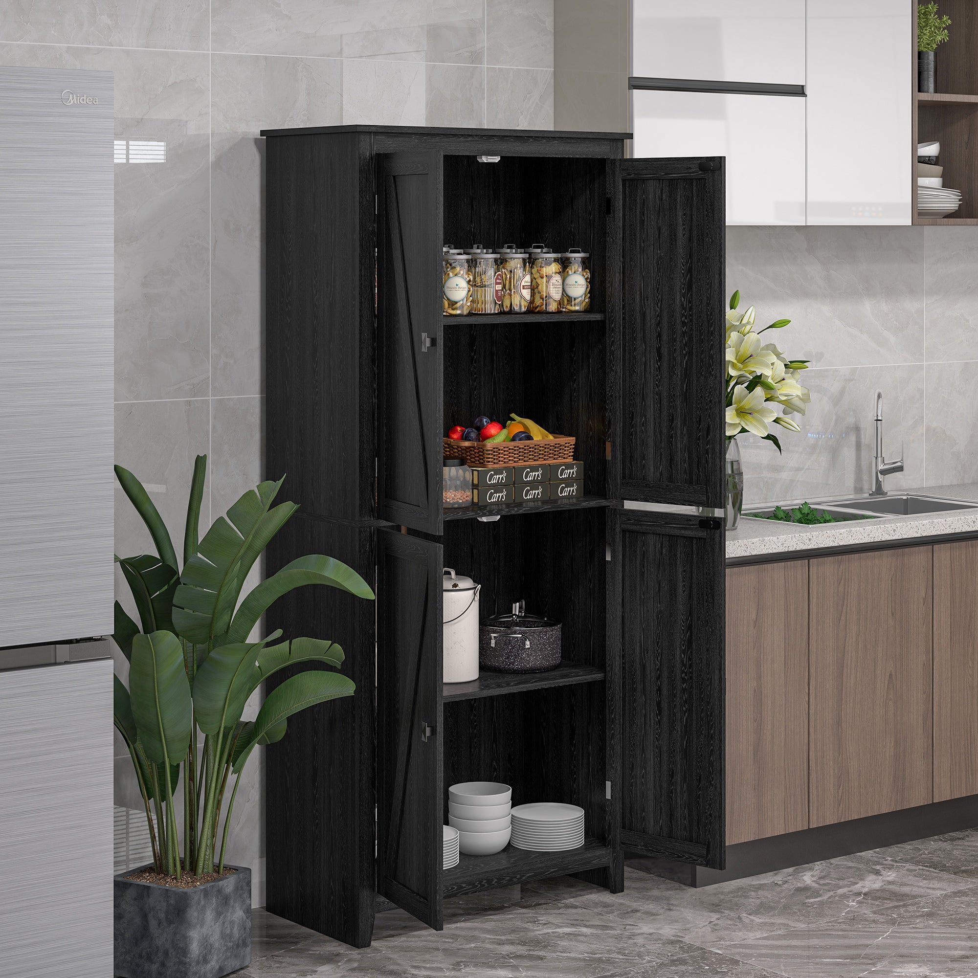72" Black Pantry Cabinet with Shelves & Doors for Kitchen-DECOROLALA