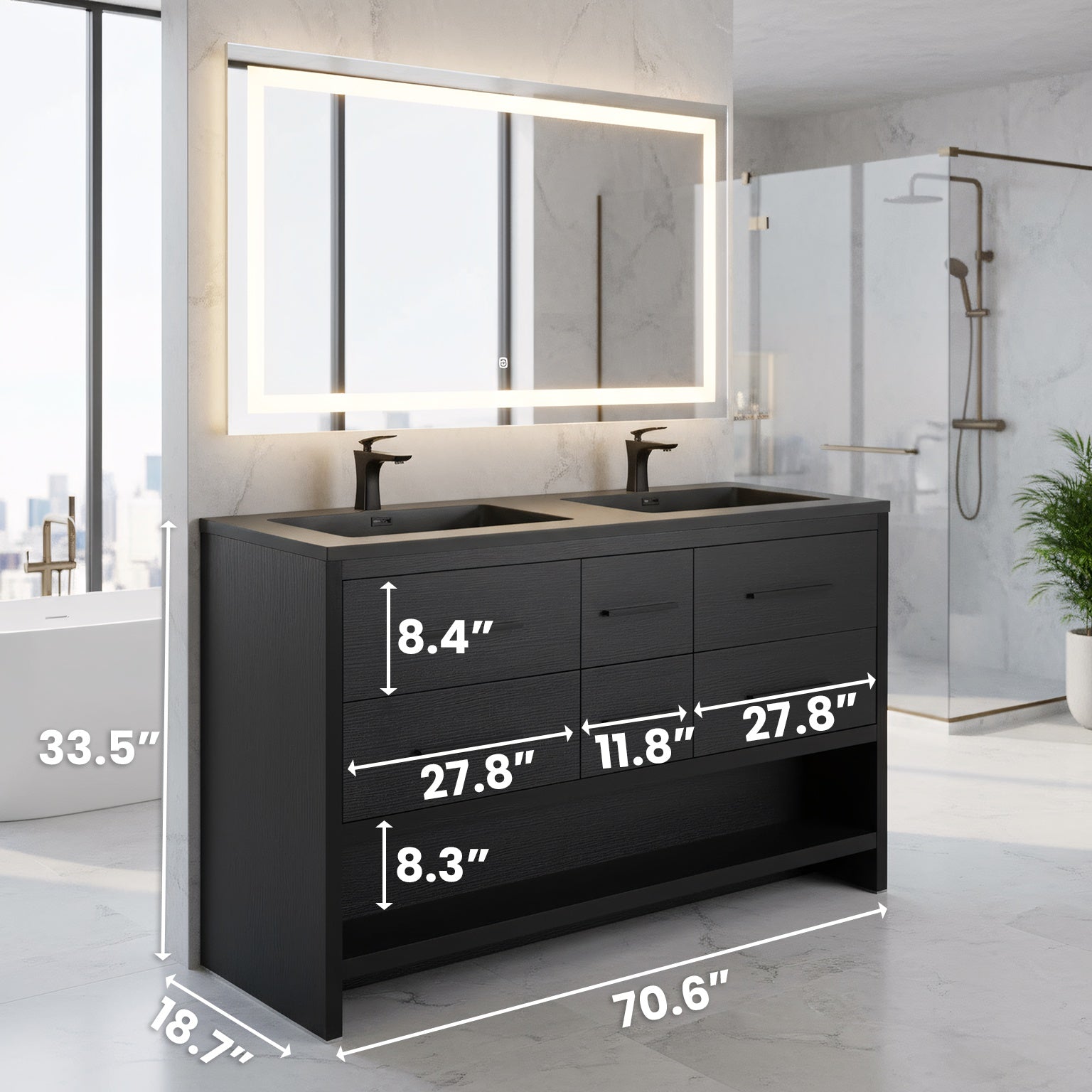 72" Black Rough Oak Freestanding Bathroom Vanity with Black Engineered Quartz Countertop-Migration_Bathroom Vanities-DECOROLALA