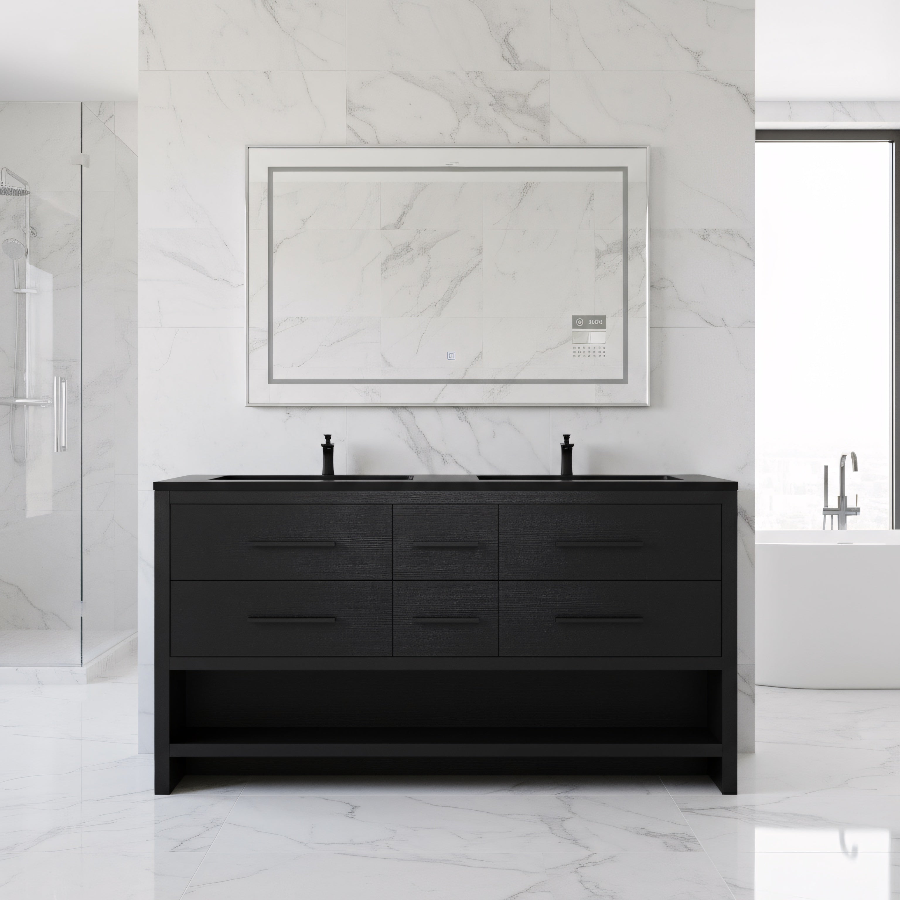 72" Black Rough Oak Freestanding Bathroom Vanity with Black Engineered Quartz Countertop-Migration_Bathroom Vanities-DECOROLALA