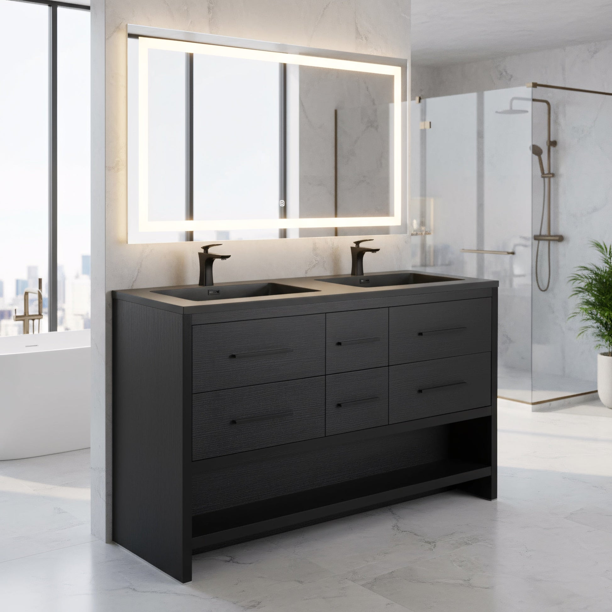 72" Black Rough Oak Freestanding Bathroom Vanity with Black Engineered Quartz Countertop-Migration_Bathroom Vanities-DECOROLALA
