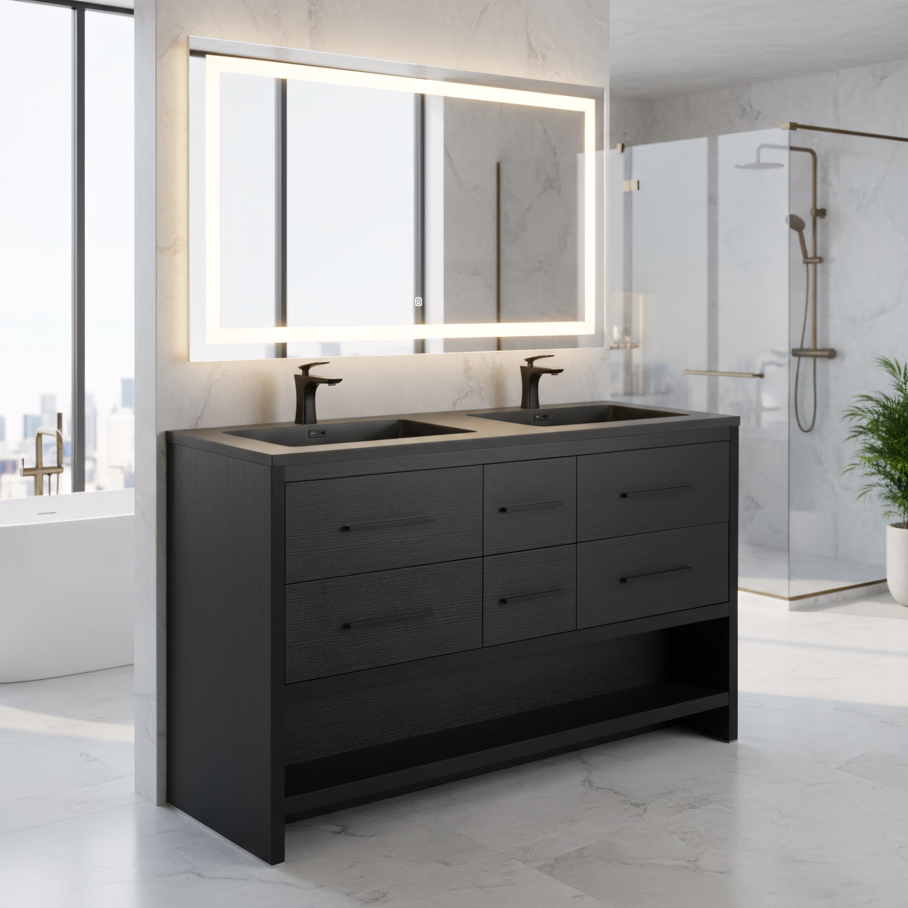 72" Black Rough Oak Freestanding Bathroom Vanity with Black Engineered Quartz Countertop-Migration_Bathroom Vanities-DECOROLALA