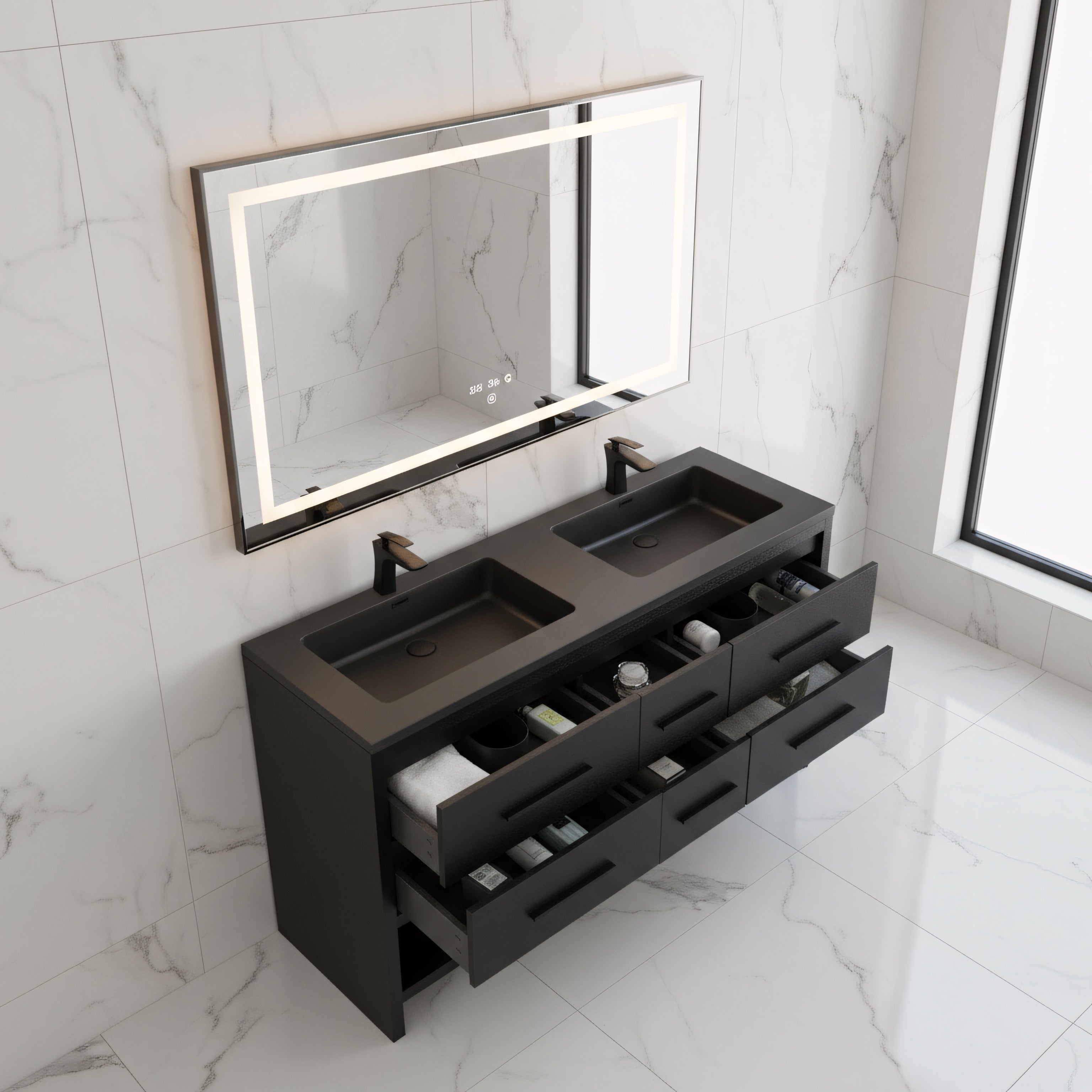 72" Black Rough Oak Freestanding Bathroom Vanity with Black Engineered Quartz Countertop-Migration_Bathroom Vanities-DECOROLALA