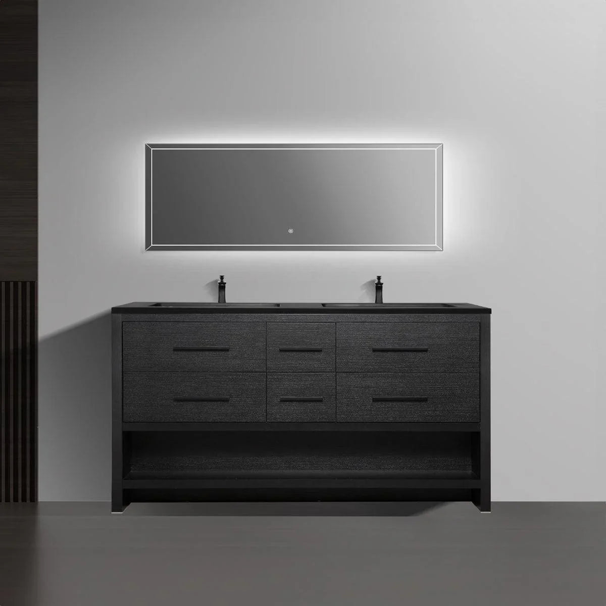72" Black Rough Oak Freestanding Bathroom Vanity with Black Engineered Quartz Countertop-Migration_Bathroom Vanities-DECOROLALA