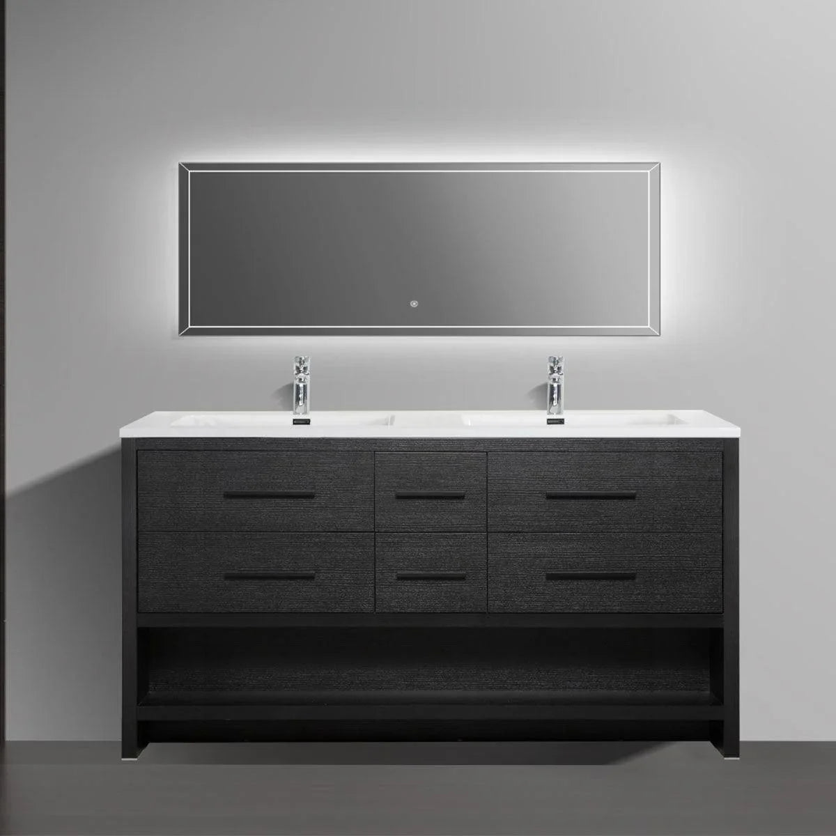 72" Black Rough Oak Freestanding Double Sink Bathroom Vanity with White Polymarble Countertop-Migration_Bathroom Vanities-DECOROLALA