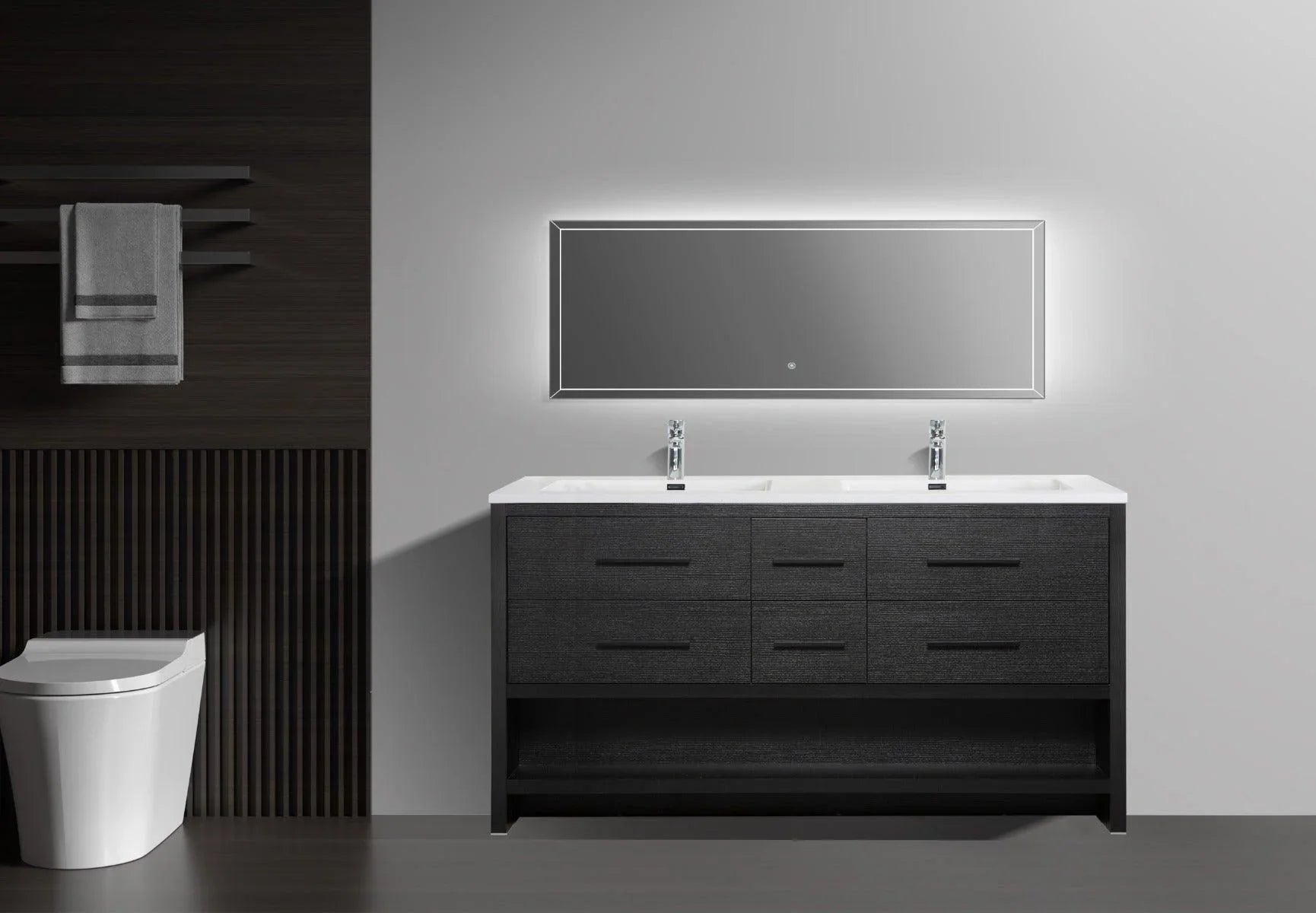 72" Black Rough Oak Freestanding Double Sink Bathroom Vanity with White Polymarble Countertop-Migration_Bathroom Vanities-DECOROLALA