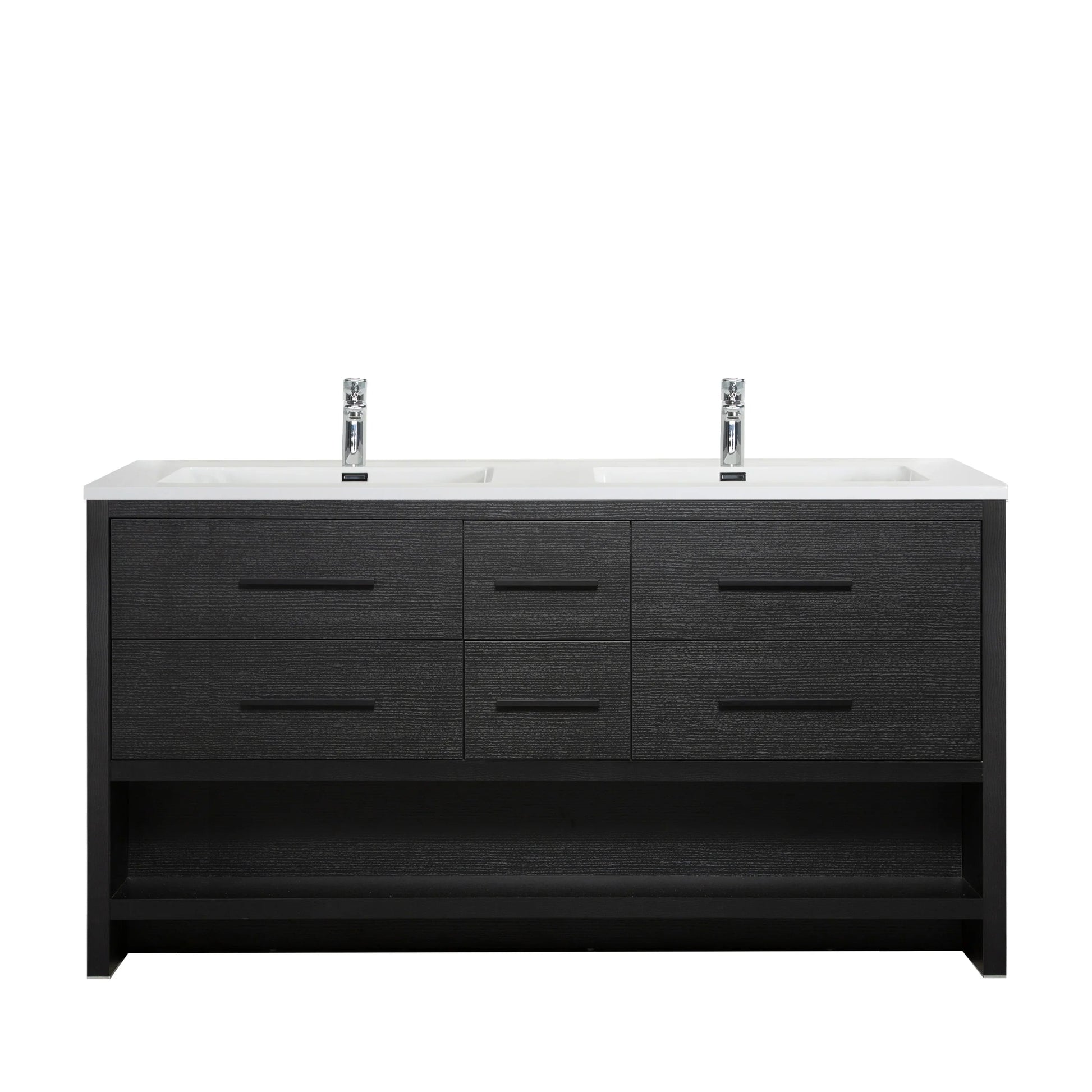 72" Black Rough Oak Freestanding Double Sink Bathroom Vanity with White Polymarble Countertop-Migration_Bathroom Vanities-DECOROLALA