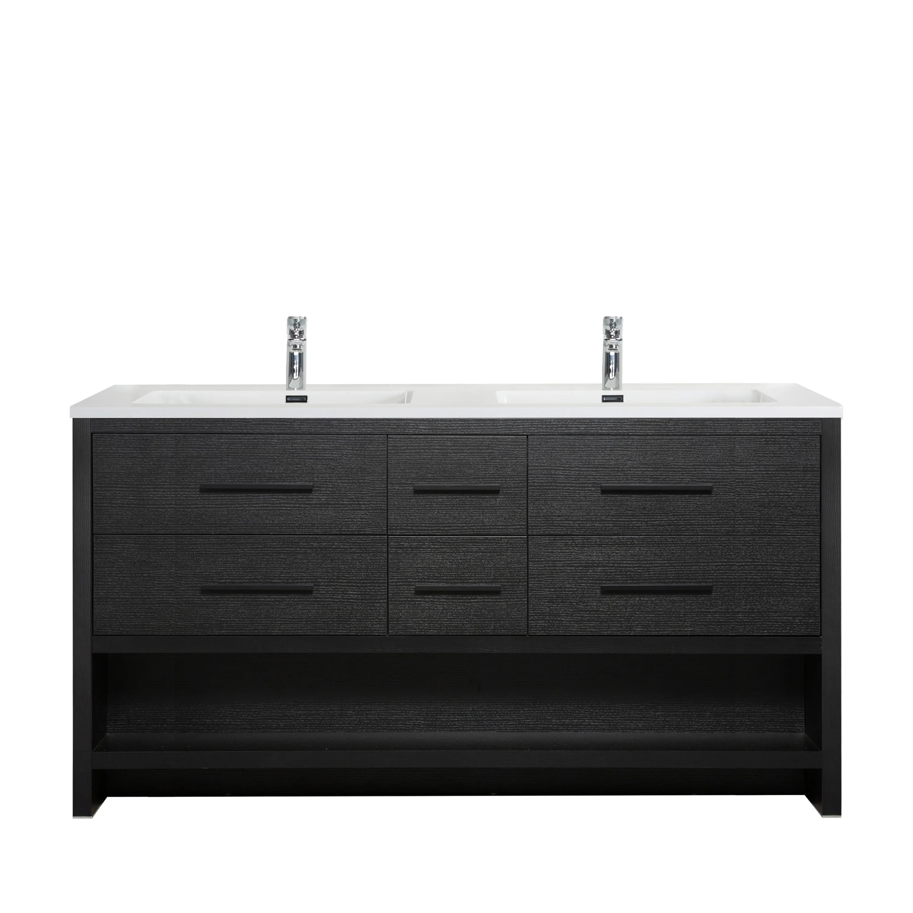72" Black Rough Oak Freestanding Double Sink Bathroom Vanity with White Polymarble Countertop-Migration_Bathroom Vanities-DECOROLALA