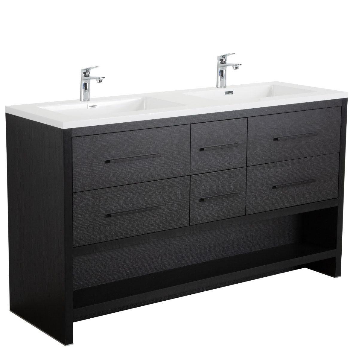 72" Black Rough Oak Freestanding Double Sink Bathroom Vanity with White Polymarble Countertop-Migration_Bathroom Vanities-DECOROLALA