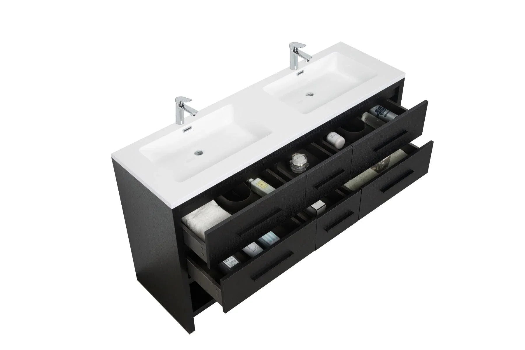 72" Black Rough Oak Freestanding Double Sink Bathroom Vanity with White Polymarble Countertop-Migration_Bathroom Vanities-DECOROLALA