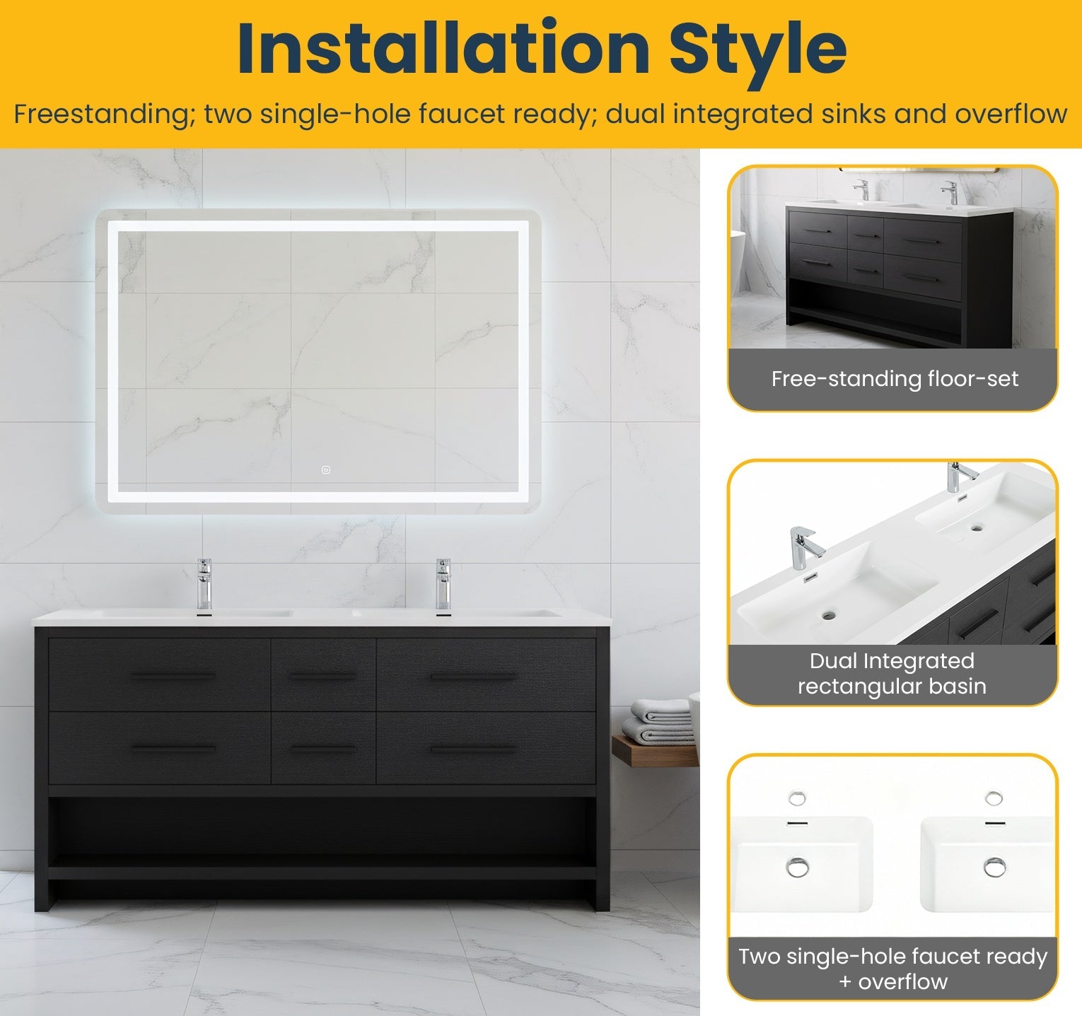 72" Black Rough Oak Freestanding Double Sink Bathroom Vanity with White Polymarble Countertop-Migration_Bathroom Vanities-DECOROLALA