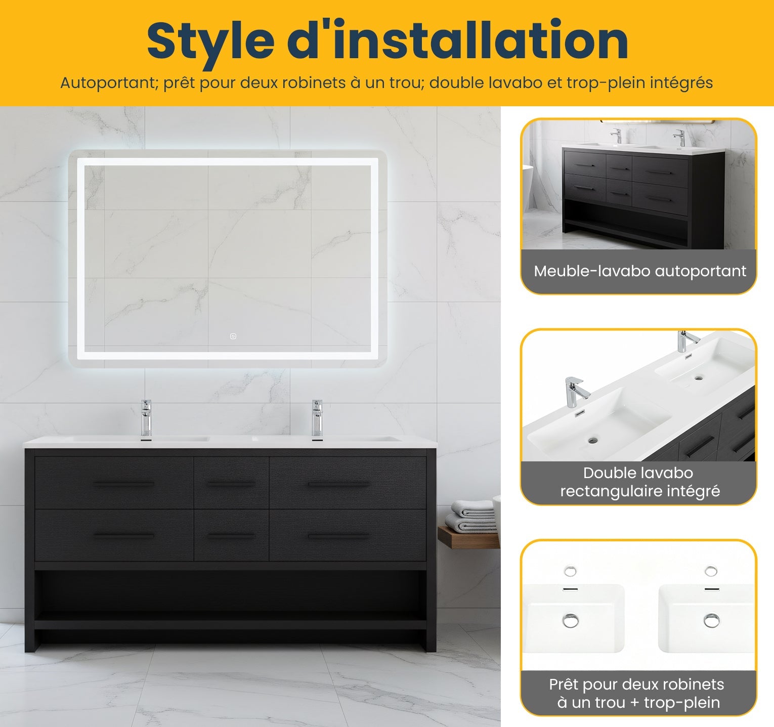 72" Black Rough Oak Freestanding Double Sink Bathroom Vanity with White Polymarble Countertop-Migration_Bathroom Vanities-DECOROLALA