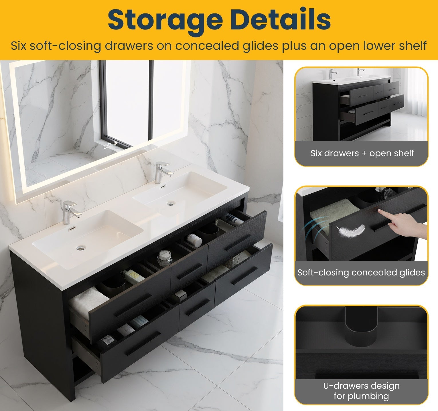 72" Black Rough Oak Freestanding Double Sink Bathroom Vanity with White Polymarble Countertop-Migration_Bathroom Vanities-DECOROLALA