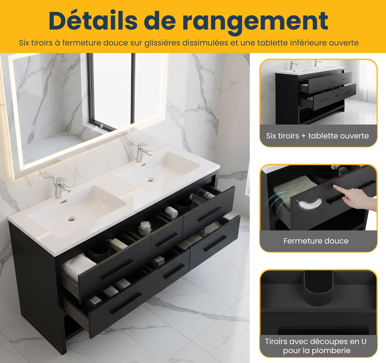 72" Black Rough Oak Freestanding Double Sink Bathroom Vanity with White Polymarble Countertop-Migration_Bathroom Vanities-DECOROLALA