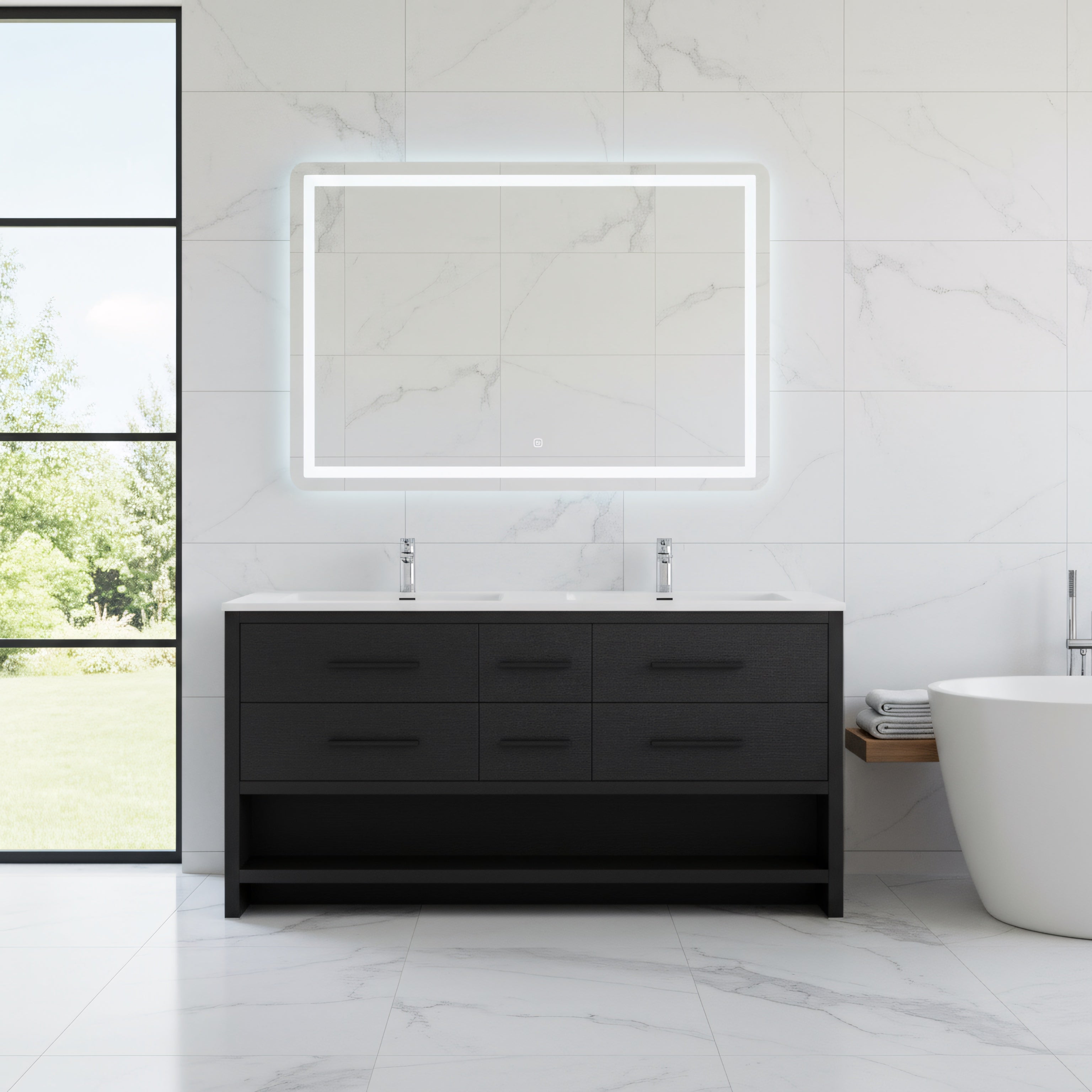 72" Black Rough Oak Freestanding Double Sink Bathroom Vanity with White Polymarble Countertop-Migration_Bathroom Vanities-DECOROLALA