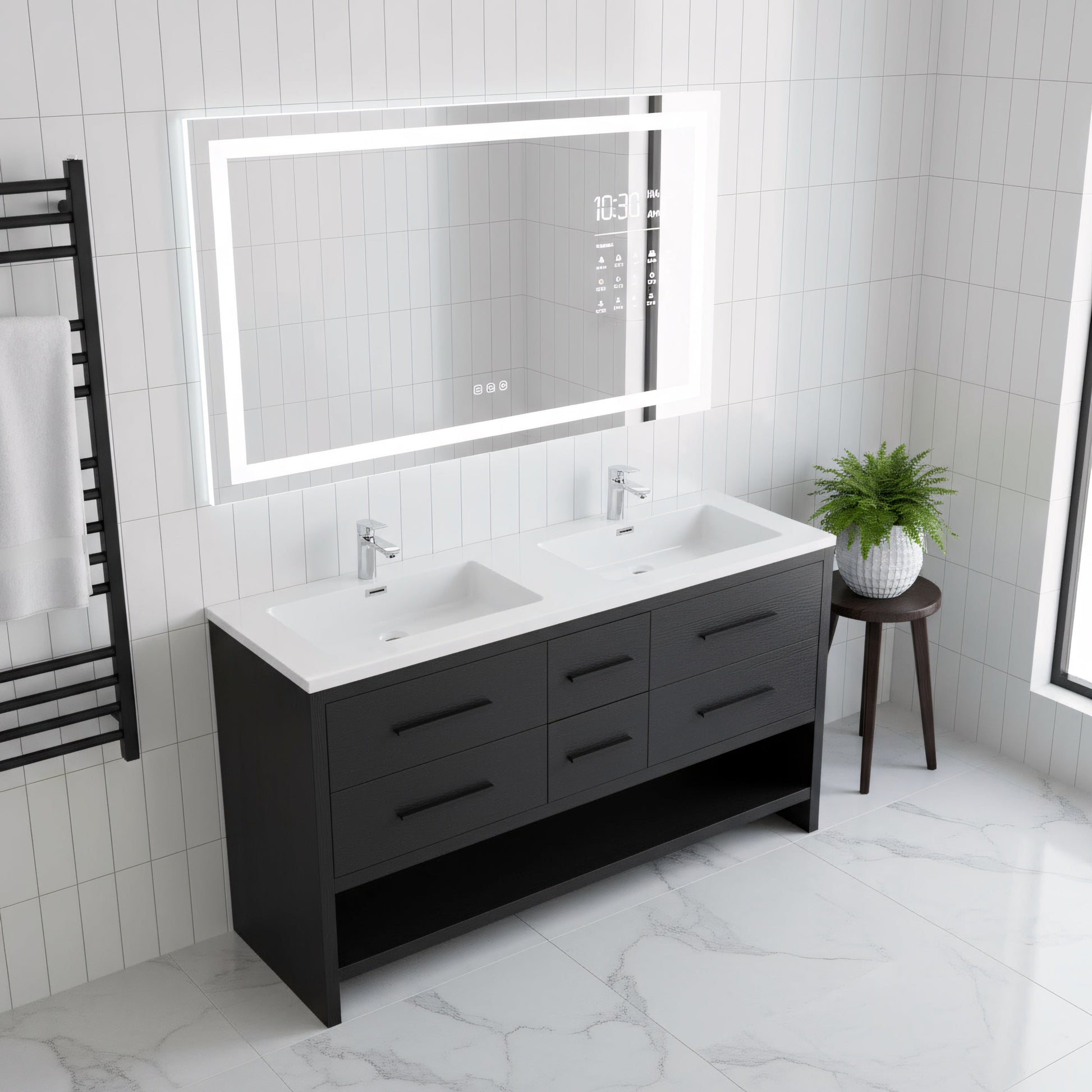 72" Black Rough Oak Freestanding Double Sink Bathroom Vanity with White Polymarble Countertop-Migration_Bathroom Vanities-DECOROLALA