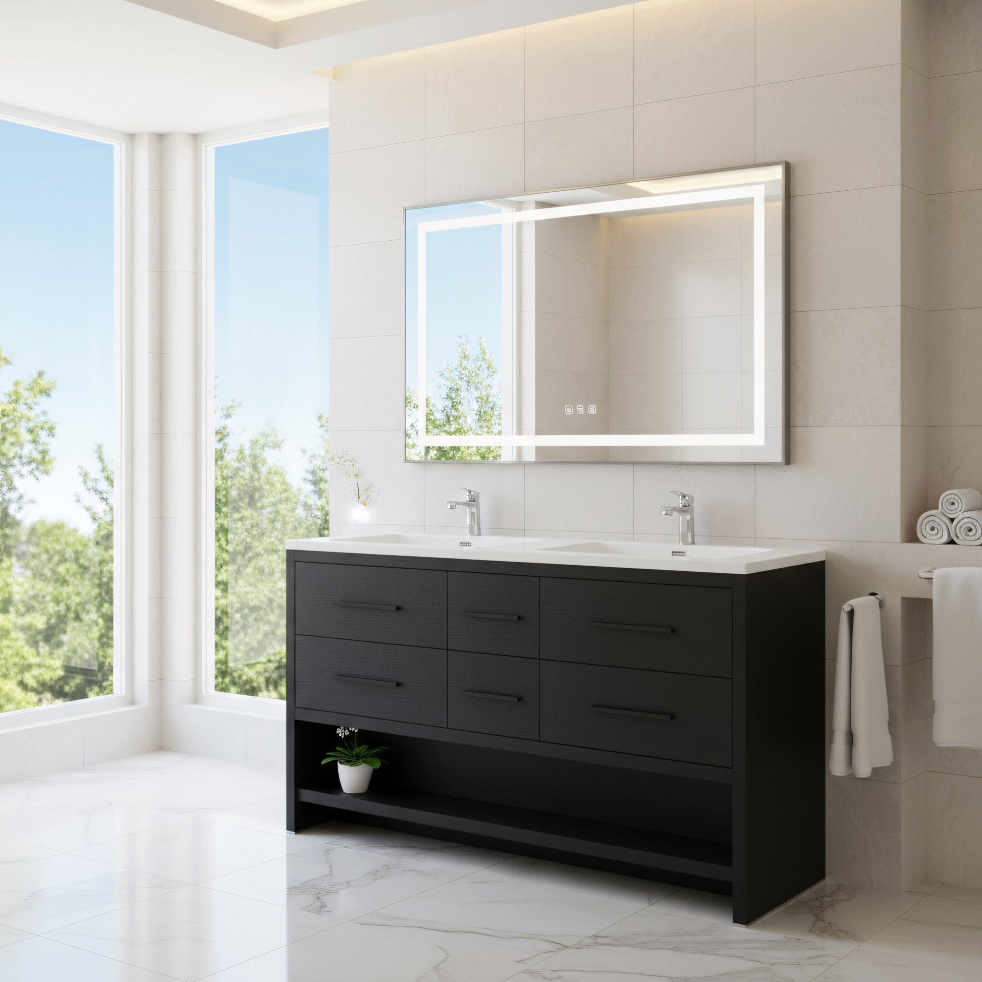 72" Black Rough Oak Freestanding Double Sink Bathroom Vanity with White Polymarble Countertop-Migration_Bathroom Vanities-DECOROLALA