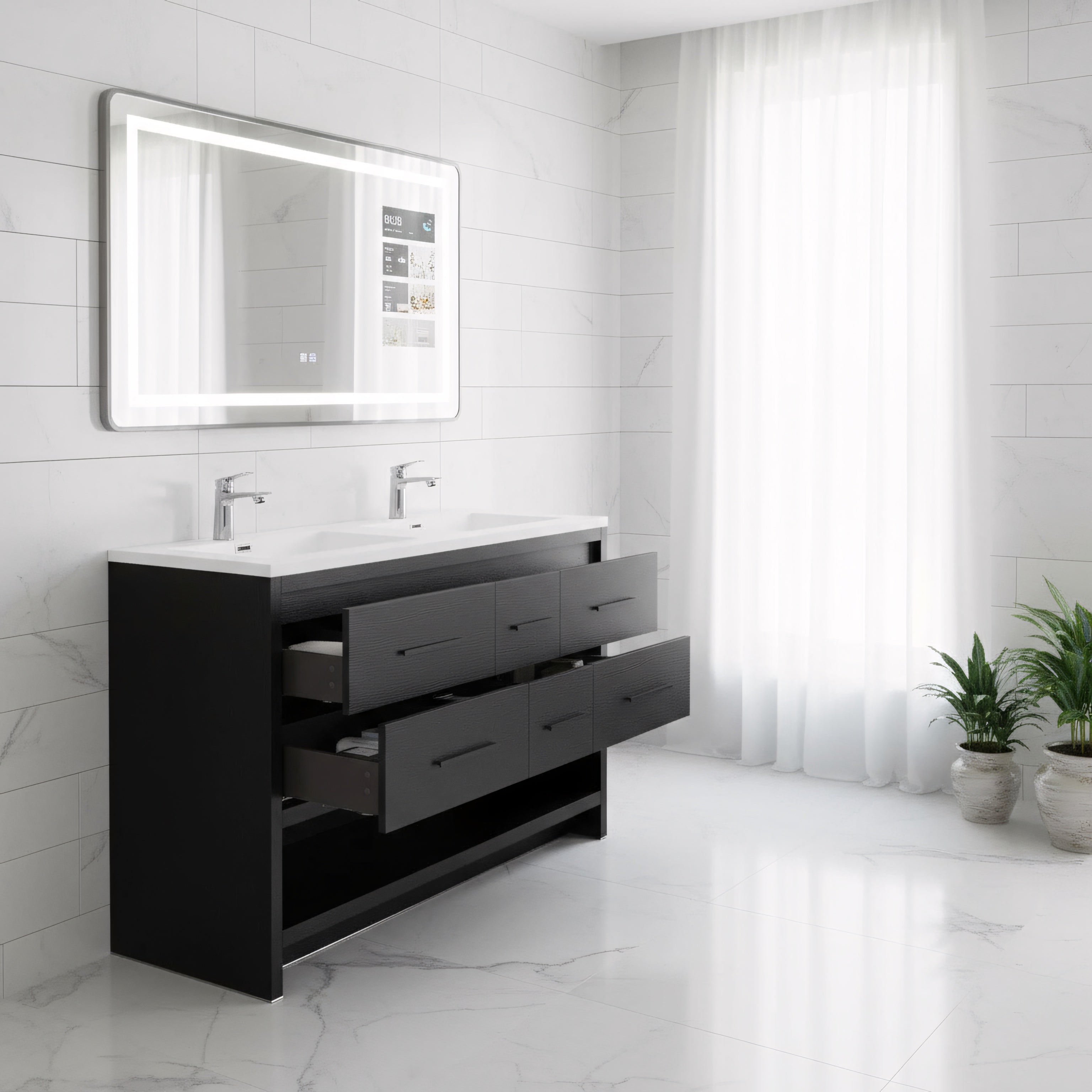 72" Black Rough Oak Freestanding Double Sink Bathroom Vanity with White Polymarble Countertop-Migration_Bathroom Vanities-DECOROLALA