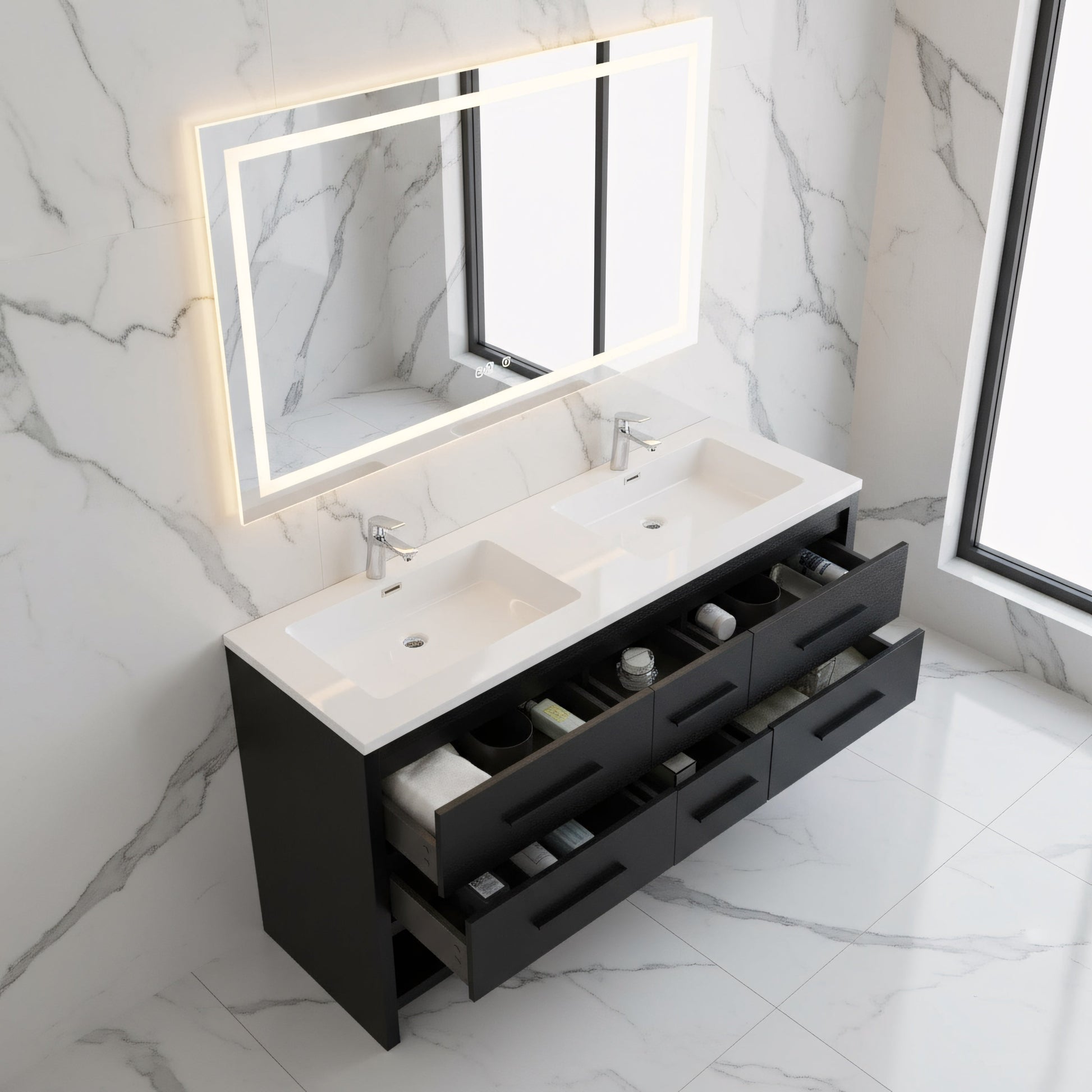 72" Black Rough Oak Freestanding Double Sink Bathroom Vanity with White Polymarble Countertop-Migration_Bathroom Vanities-DECOROLALA