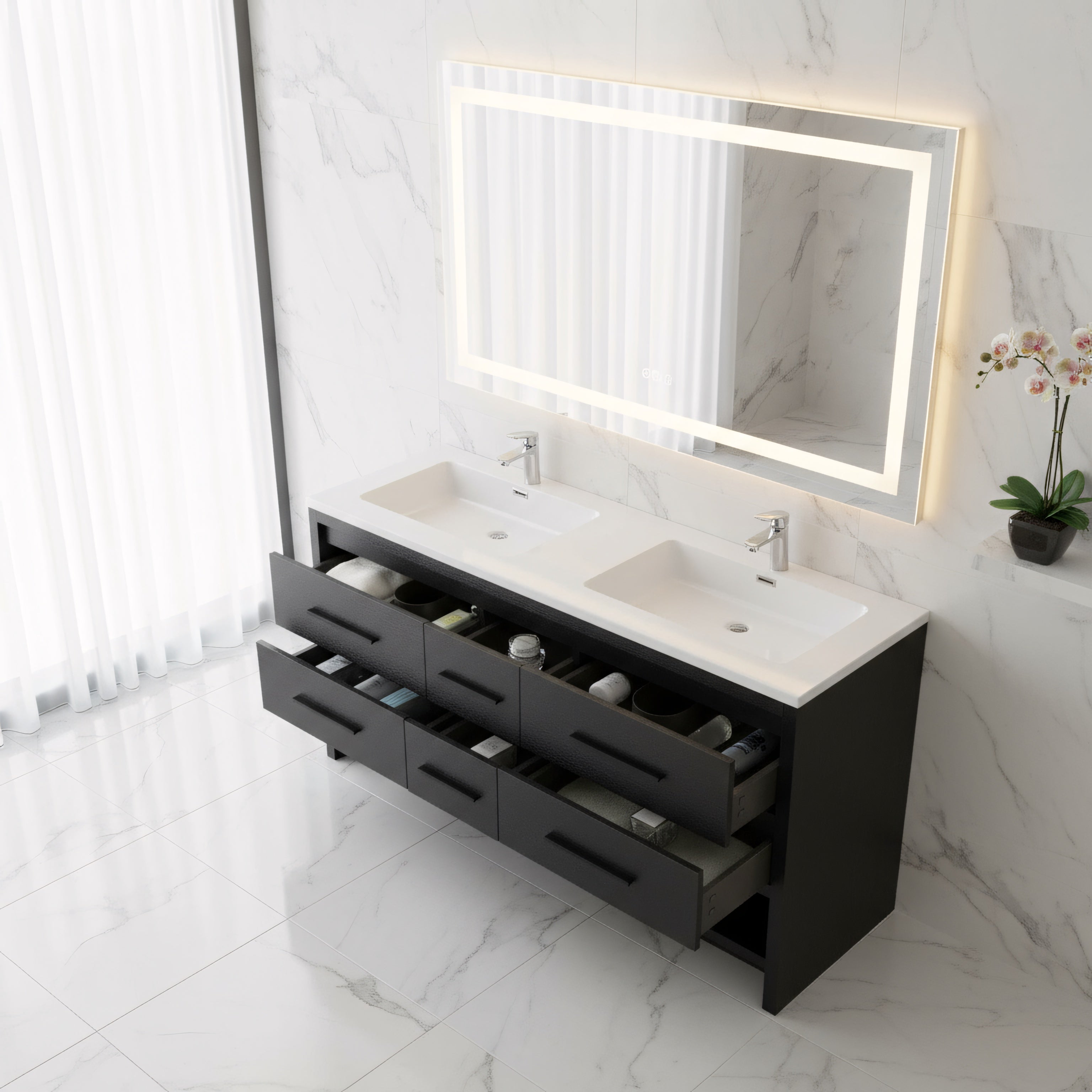72" Black Rough Oak Freestanding Double Sink Bathroom Vanity with White Polymarble Countertop-Migration_Bathroom Vanities-DECOROLALA