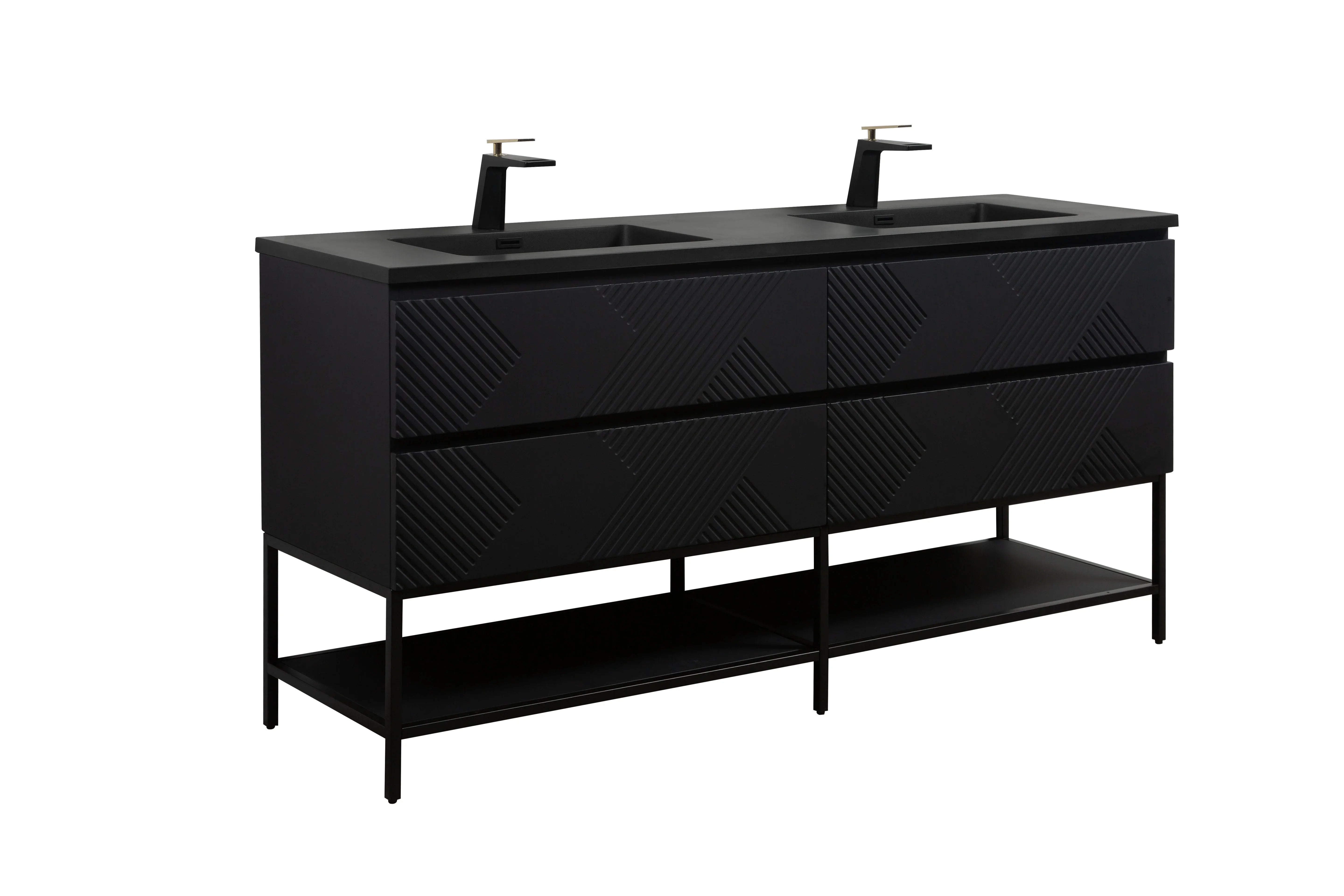 72" Black Wall Mount Double Sink Bathroom Vanity with Black Engineered Quartz Countertop-Migration_Bathroom Vanities-DECOROLALA