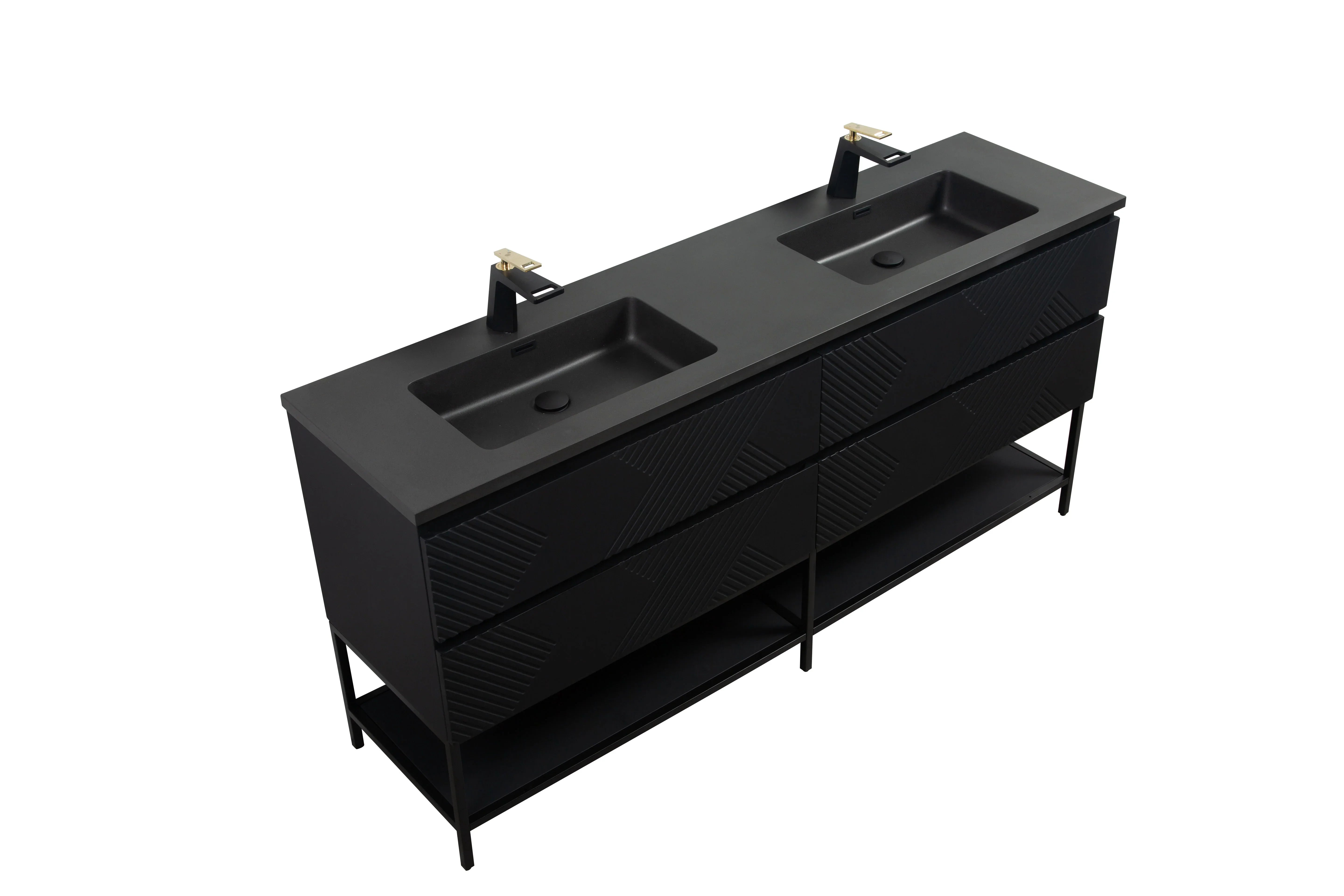 72" Black Wall Mount Double Sink Bathroom Vanity with Black Engineered Quartz Countertop-Migration_Bathroom Vanities-DECOROLALA
