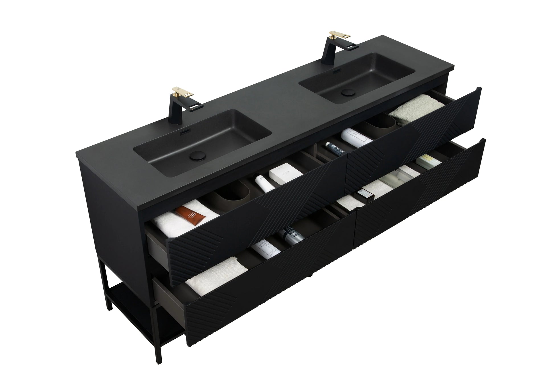 72" Black Wall Mount Double Sink Bathroom Vanity with Black Engineered Quartz Countertop-Migration_Bathroom Vanities-DECOROLALA