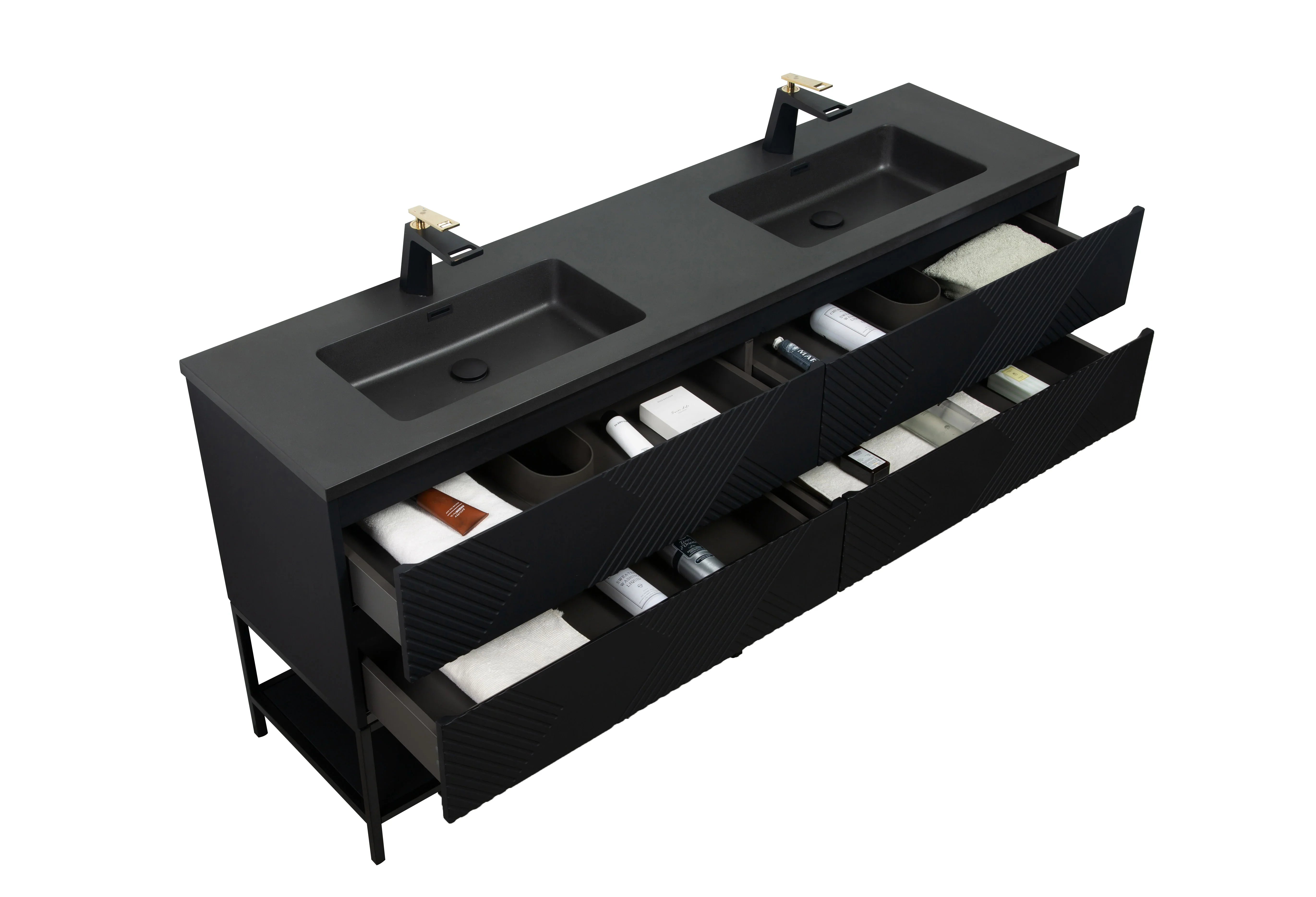 72" Black Wall Mount Double Sink Bathroom Vanity with Black Engineered Quartz Countertop-Migration_Bathroom Vanities-DECOROLALA