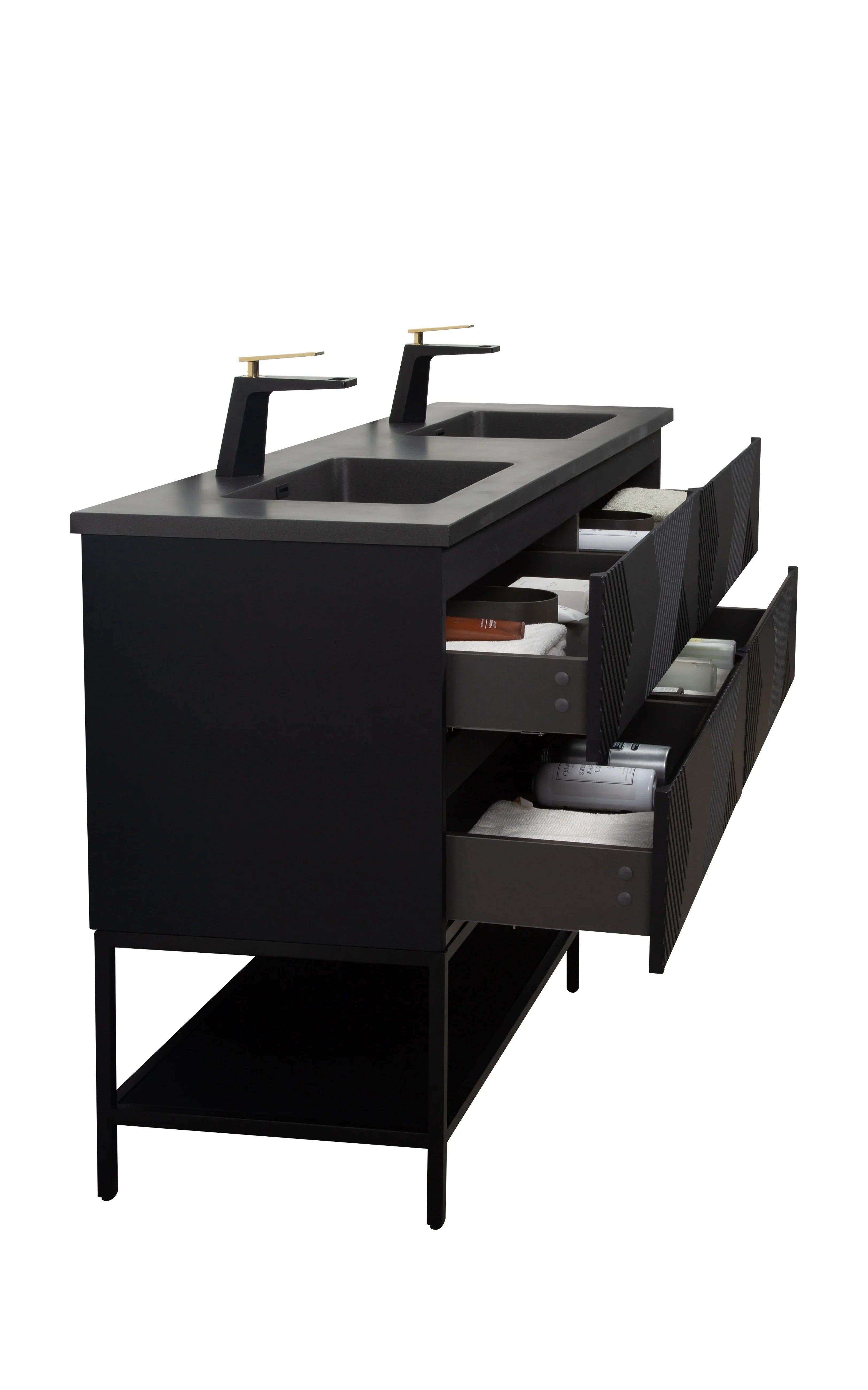 72" Black Wall Mount Double Sink Bathroom Vanity with Black Engineered Quartz Countertop-Migration_Bathroom Vanities-DECOROLALA