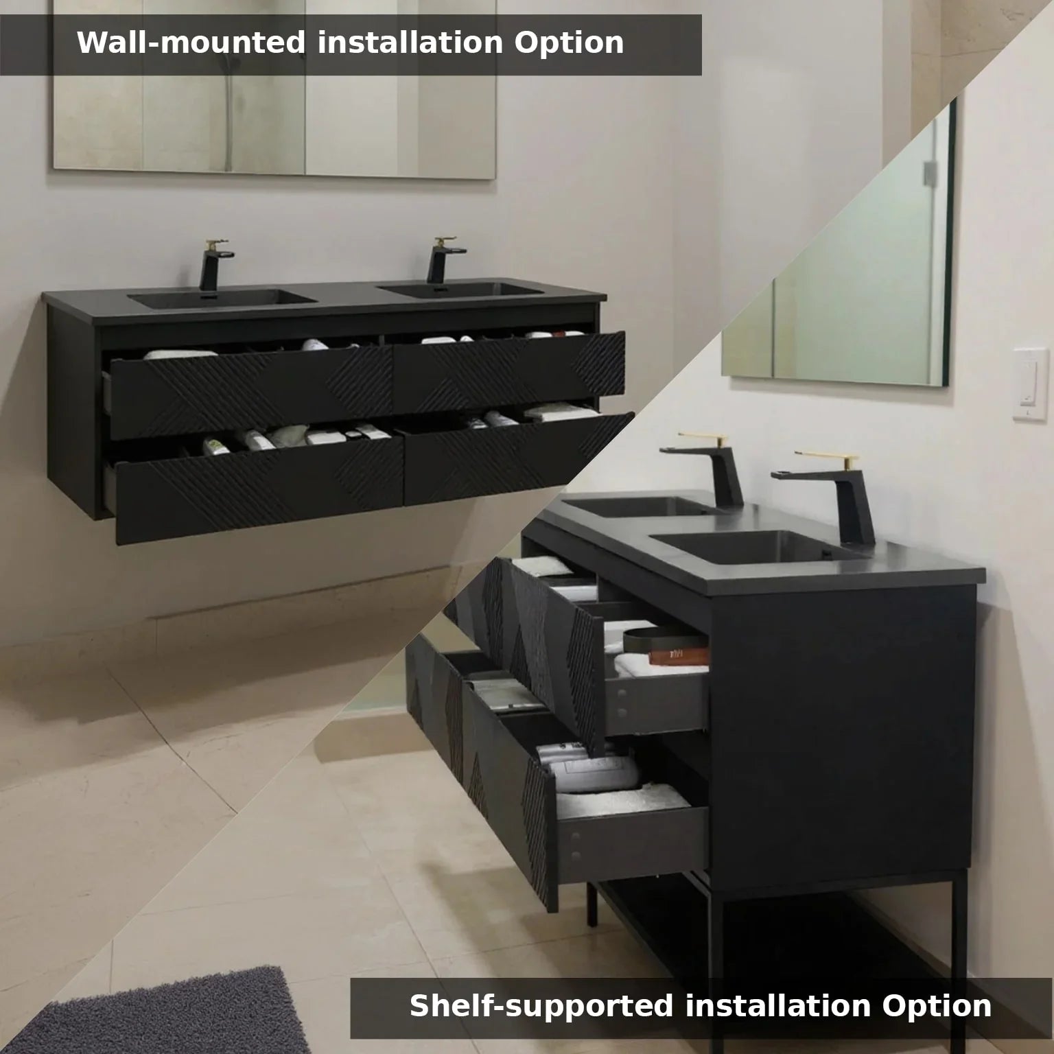 72" Black Wall Mount Double Sink Bathroom Vanity with Black Engineered Quartz Countertop-Migration_Bathroom Vanities-DECOROLALA