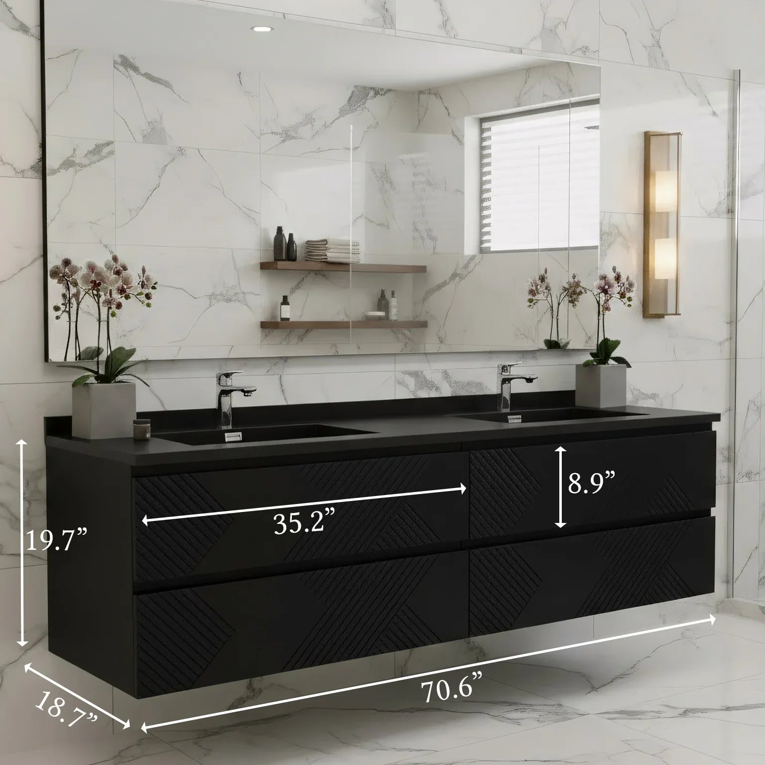 72" Black Wall Mount Double Sink Bathroom Vanity with Black Engineered Quartz Countertop-Migration_Bathroom Vanities-DECOROLALA