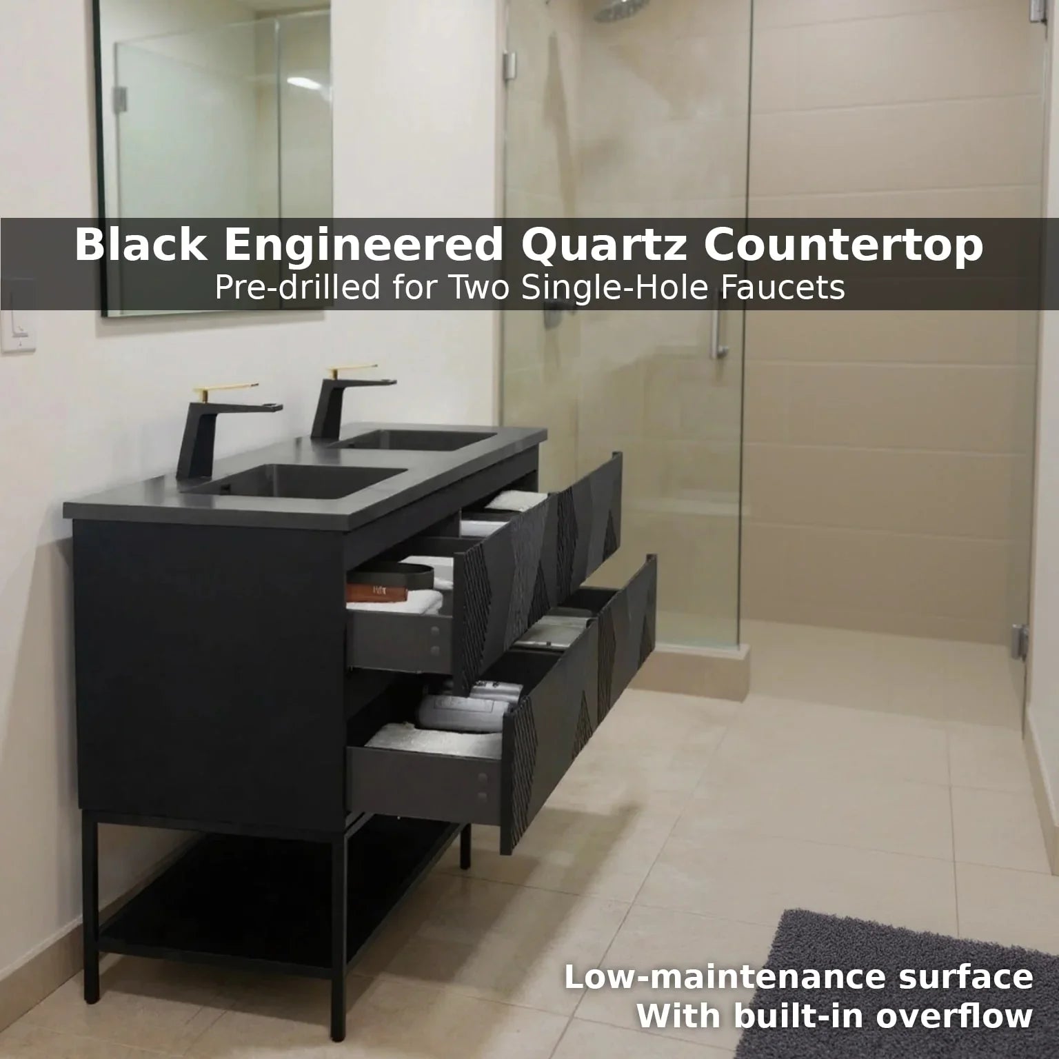 72" Black Wall Mount Double Sink Bathroom Vanity with Black Engineered Quartz Countertop-Migration_Bathroom Vanities-DECOROLALA