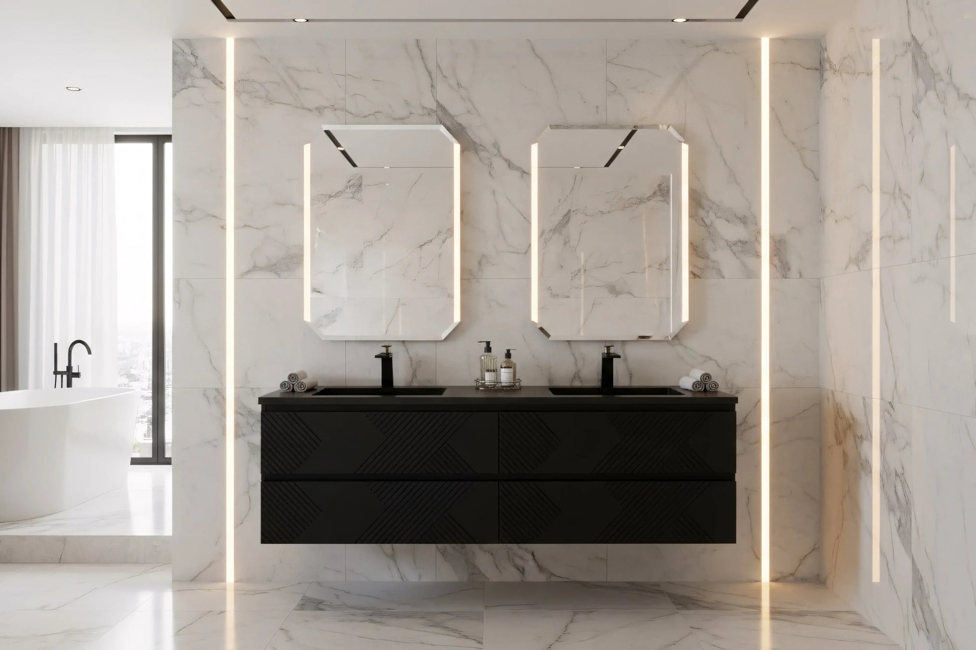 72" Black Wall Mount Double Sink Bathroom Vanity with Black Engineered Quartz Countertop-Migration_Bathroom Vanities-DECOROLALA