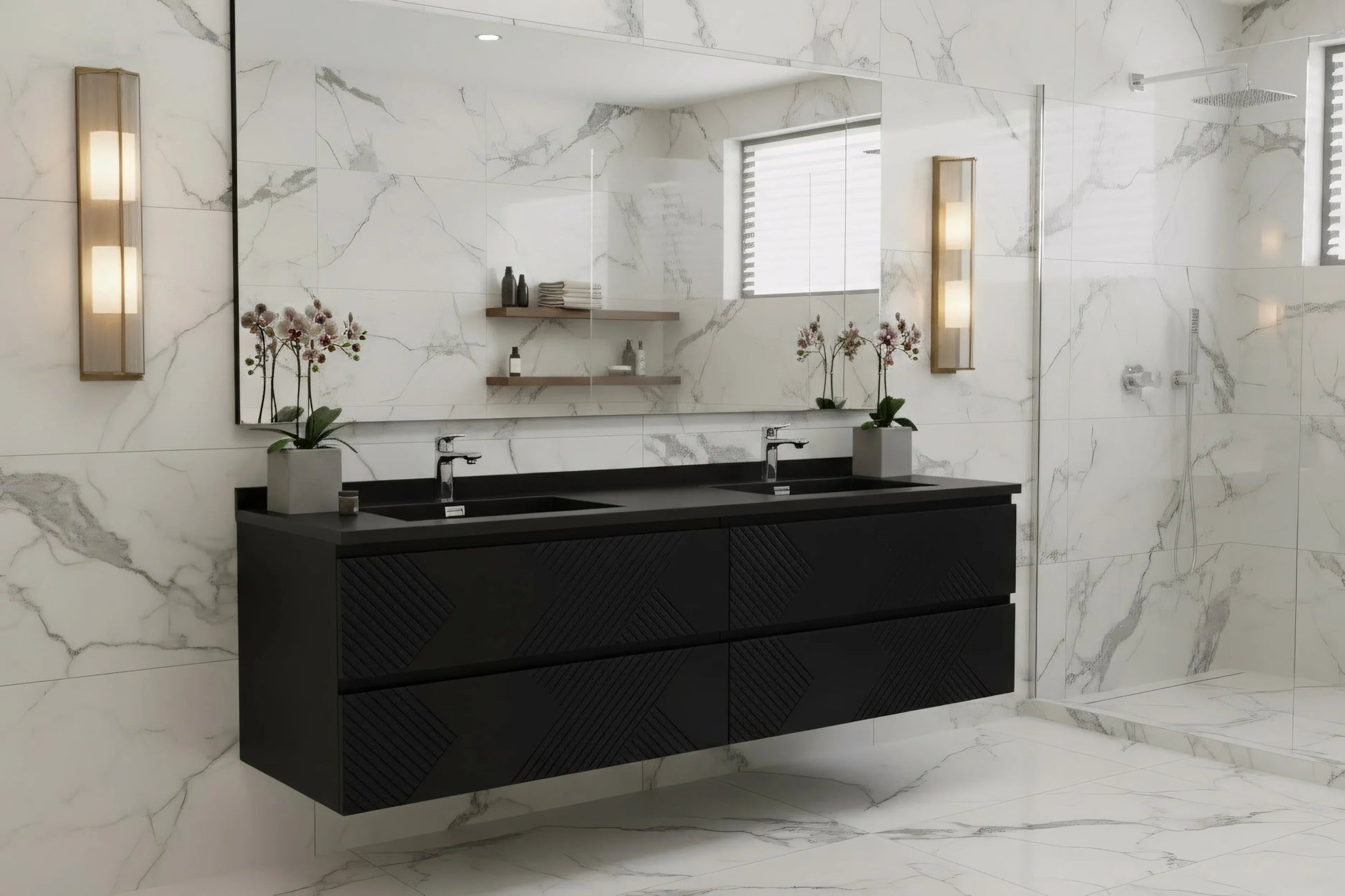 72" Black Wall Mount Double Sink Bathroom Vanity with Black Engineered Quartz Countertop-Migration_Bathroom Vanities-DECOROLALA