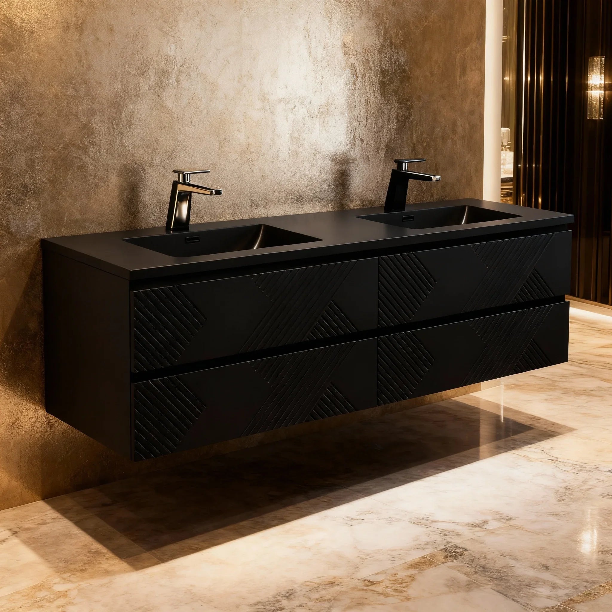 72" Black Wall Mount Double Sink Bathroom Vanity with Black Engineered Quartz Countertop-Migration_Bathroom Vanities-DECOROLALA