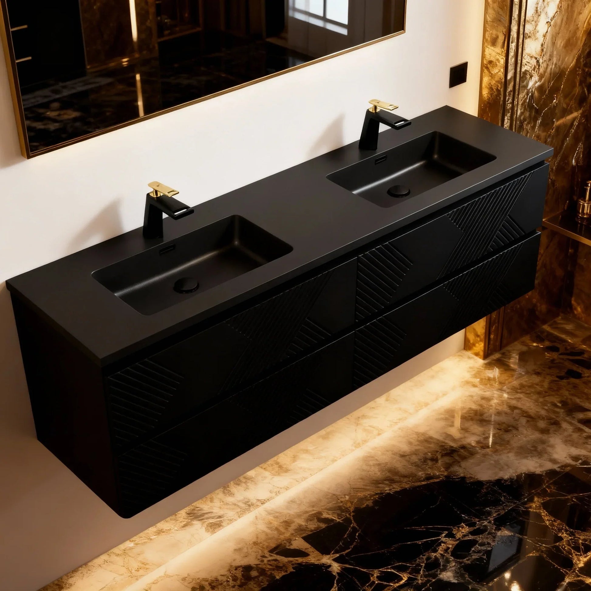 72" Black Wall Mount Double Sink Bathroom Vanity with Black Engineered Quartz Countertop-Migration_Bathroom Vanities-DECOROLALA