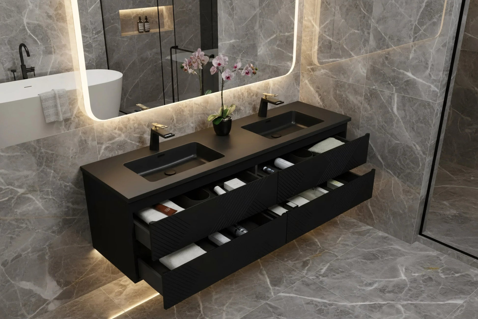 72" Black Wall Mount Double Sink Bathroom Vanity with Black Engineered Quartz Countertop-Migration_Bathroom Vanities-DECOROLALA