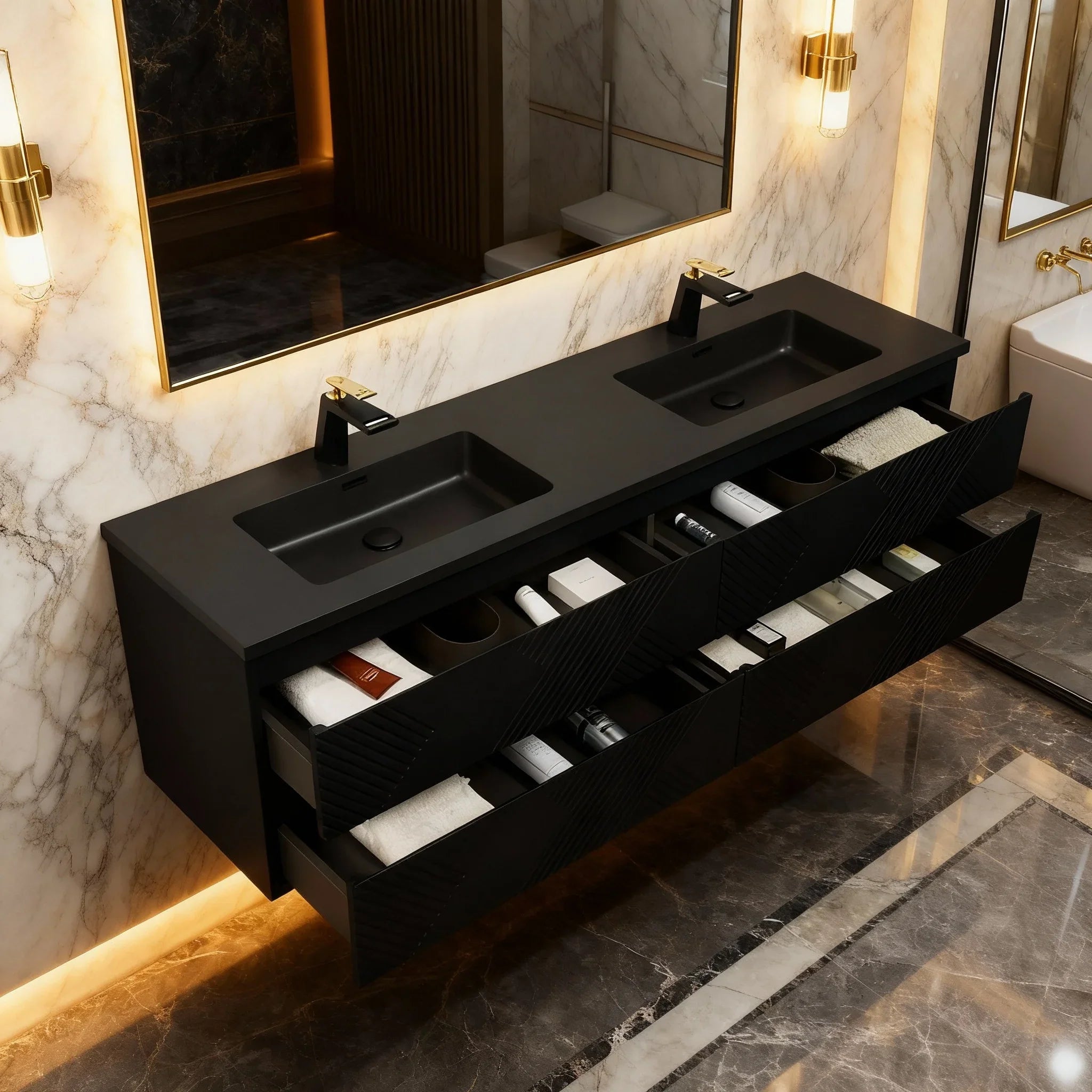 72" Black Wall Mount Double Sink Bathroom Vanity with Black Engineered Quartz Countertop-Migration_Bathroom Vanities-DECOROLALA
