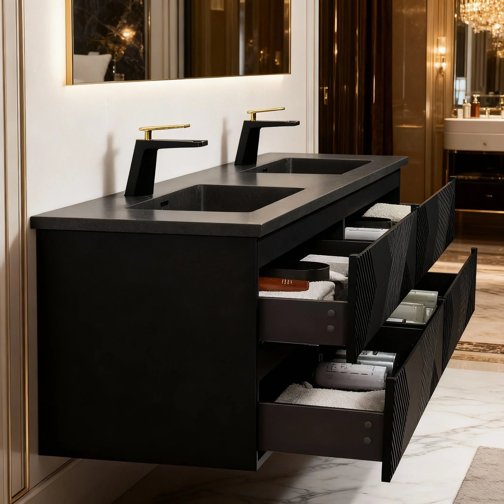 72" Black Wall Mount Double Sink Bathroom Vanity with Black Engineered Quartz Countertop-Migration_Bathroom Vanities-DECOROLALA