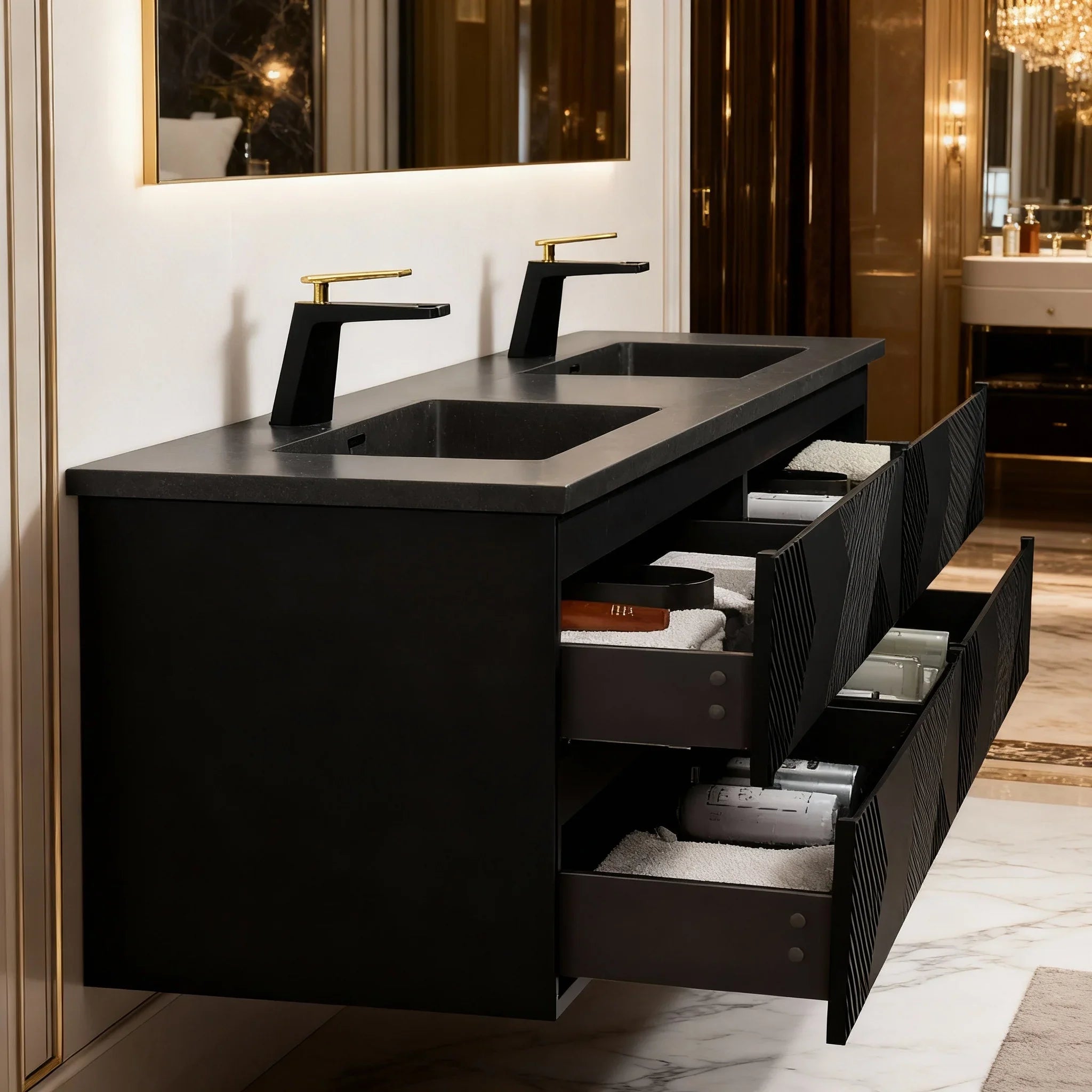 72" Black Wall Mount Double Sink Bathroom Vanity with Black Engineered Quartz Countertop-Migration_Bathroom Vanities-DECOROLALA