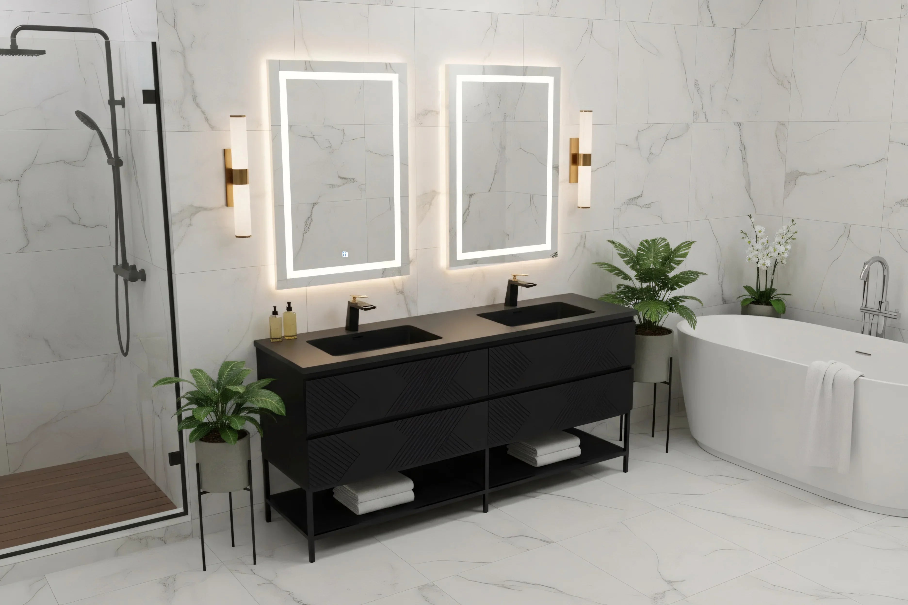 72" Black Wall Mount Double Sink Bathroom Vanity with Black Engineered Quartz Countertop-Migration_Bathroom Vanities-DECOROLALA