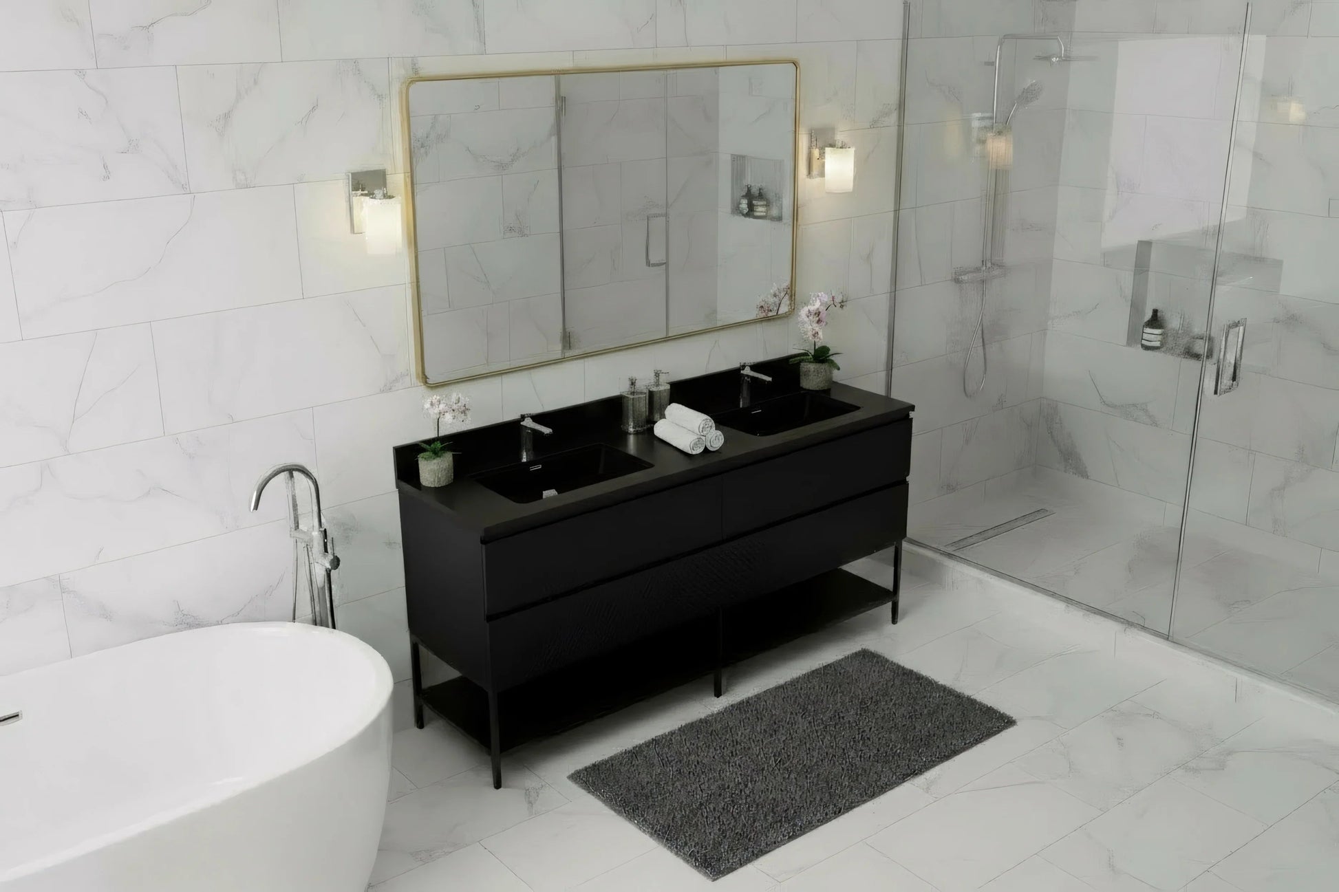 72" Black Wall Mount Double Sink Bathroom Vanity with Black Engineered Quartz Countertop-Migration_Bathroom Vanities-DECOROLALA