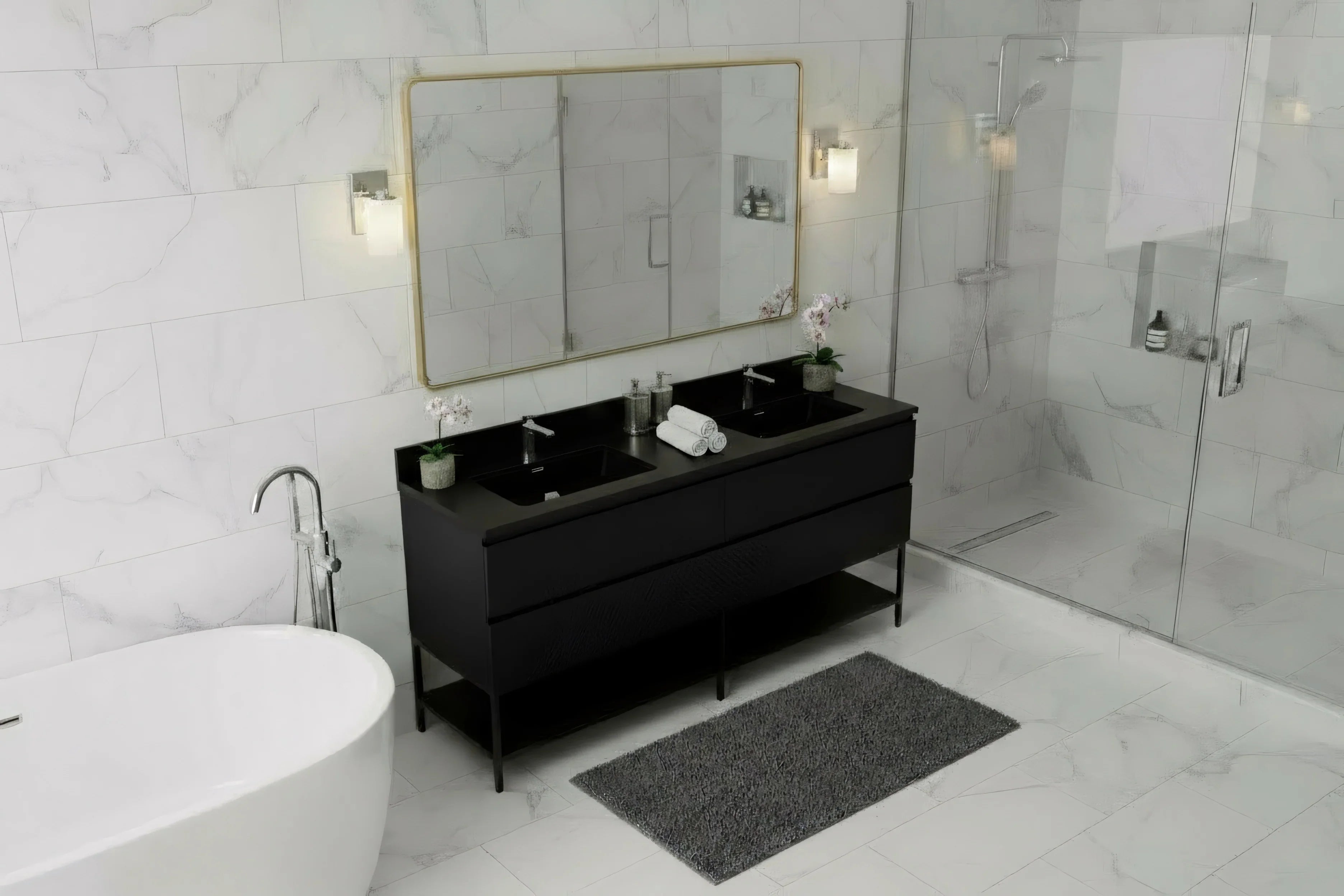 72" Black Wall Mount Double Sink Bathroom Vanity with Black Engineered Quartz Countertop-Migration_Bathroom Vanities-DECOROLALA
