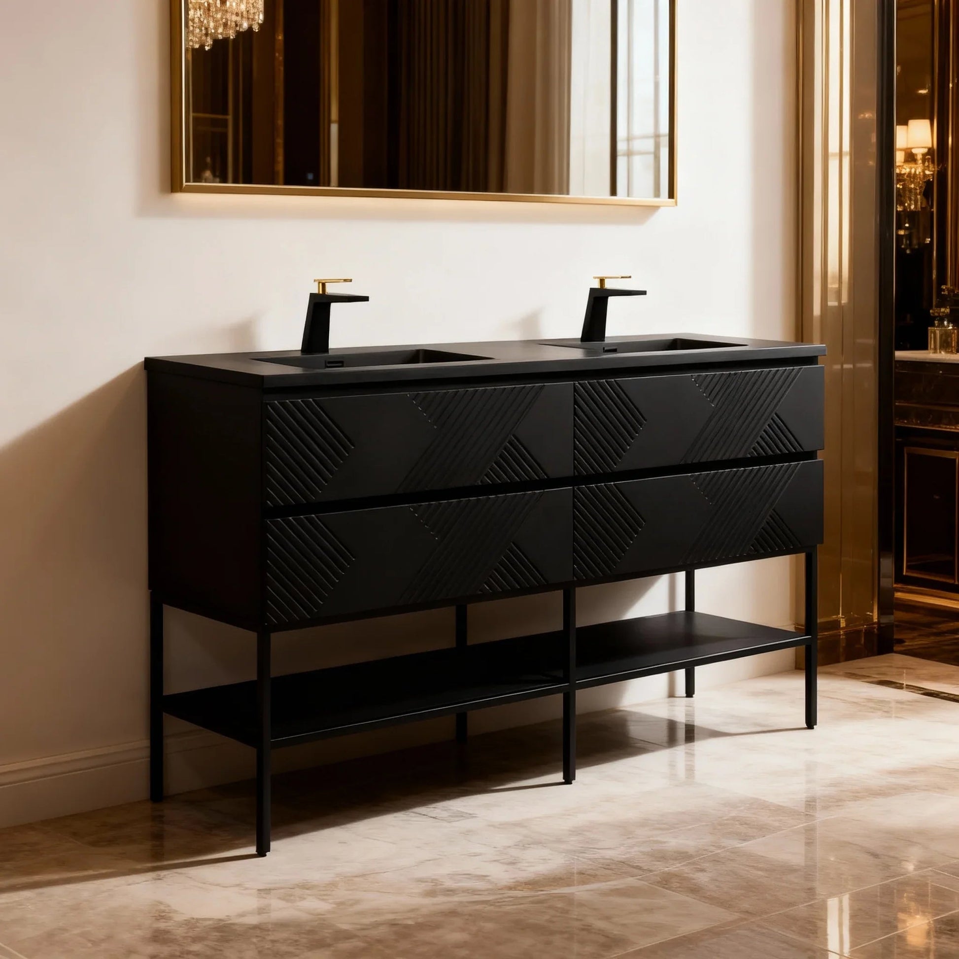 72" Black Wall Mount Double Sink Bathroom Vanity with Black Engineered Quartz Countertop-Migration_Bathroom Vanities-DECOROLALA
