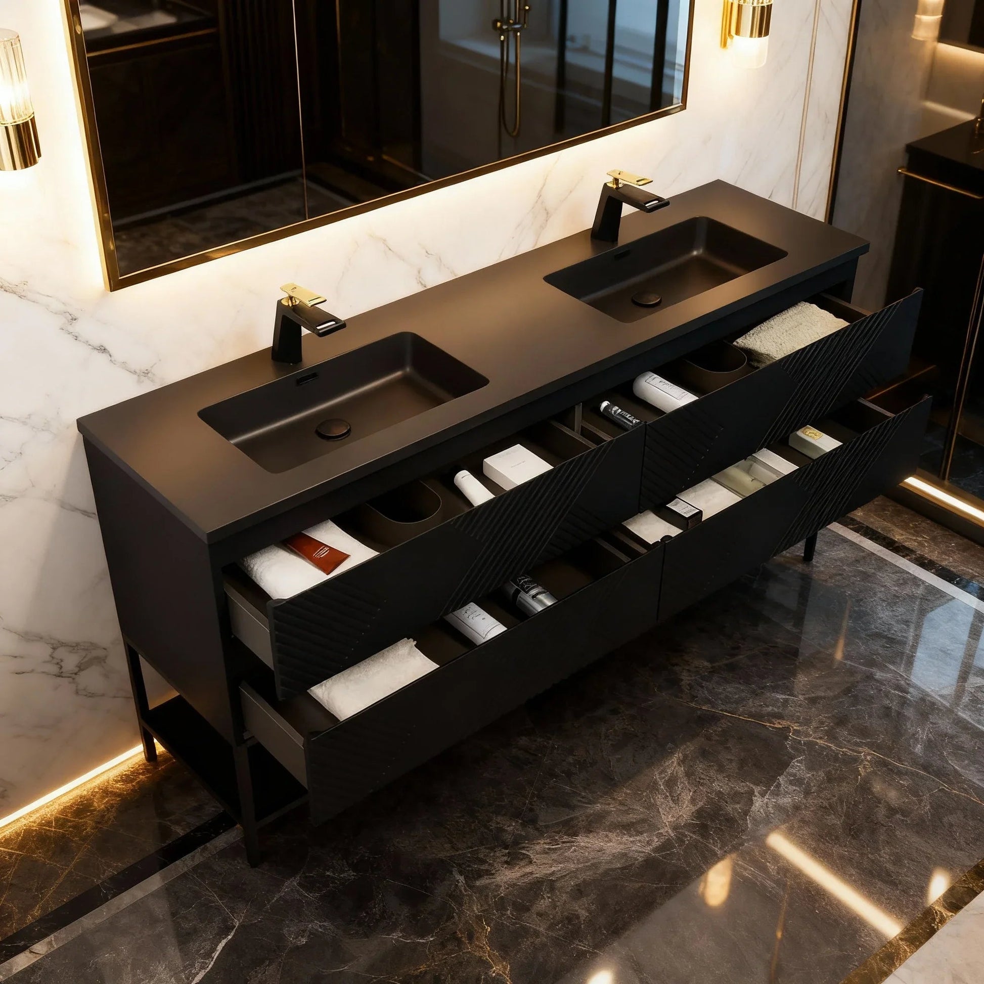 72" Black Wall Mount Double Sink Bathroom Vanity with Black Engineered Quartz Countertop-Migration_Bathroom Vanities-DECOROLALA