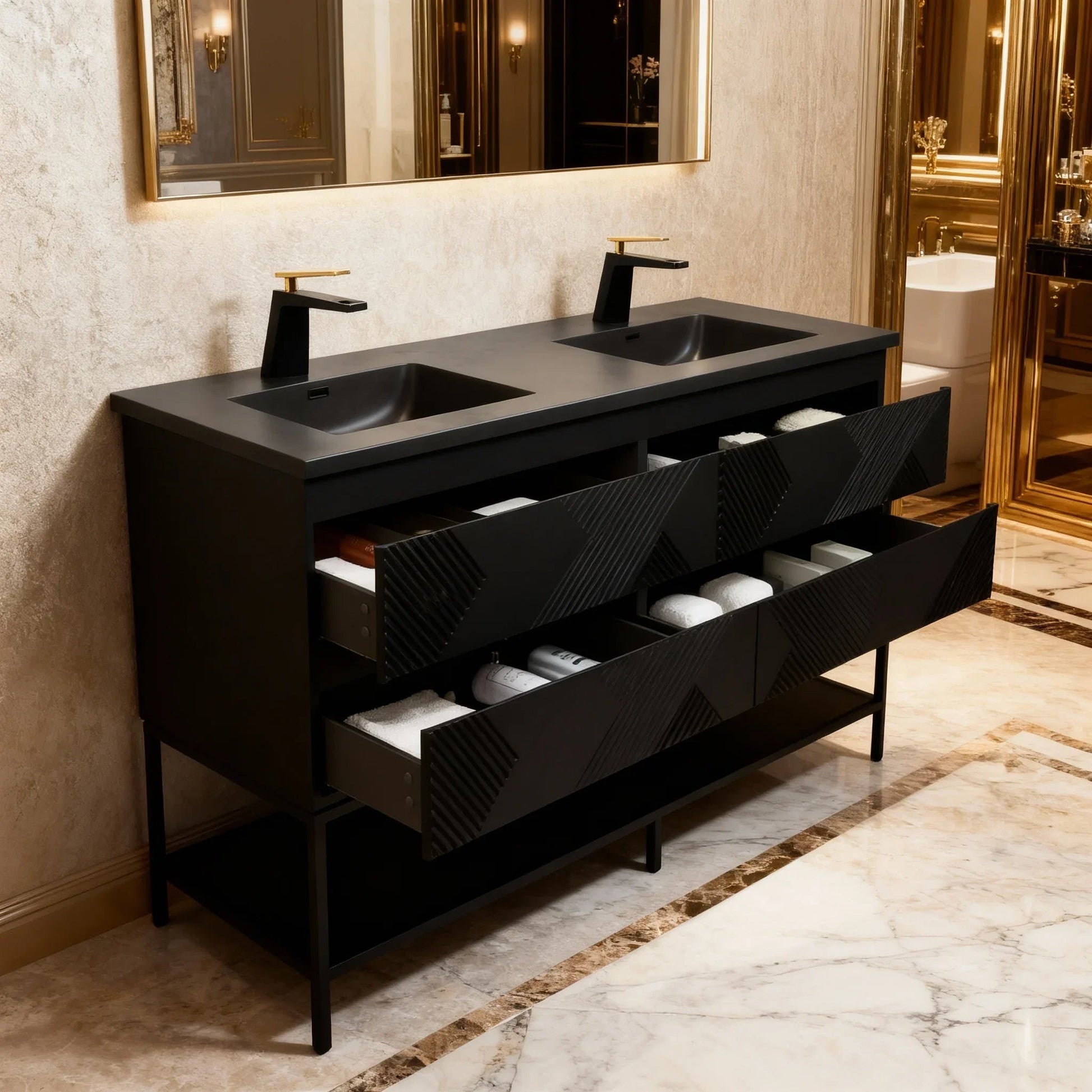 72" Black Wall Mount Double Sink Bathroom Vanity with Black Engineered Quartz Countertop-Migration_Bathroom Vanities-DECOROLALA