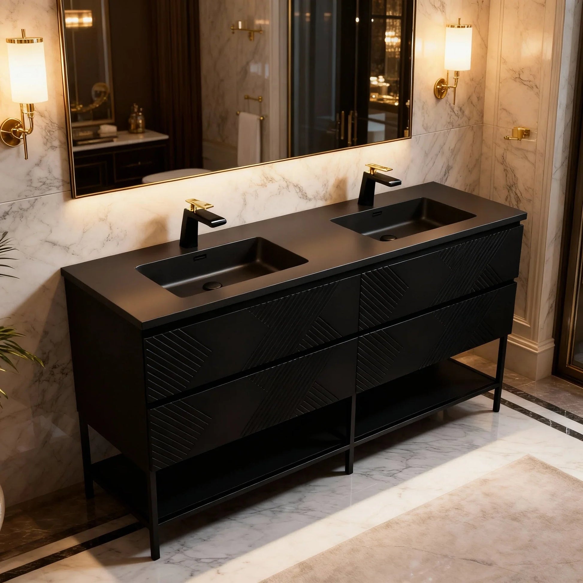 72" Black Wall Mount Double Sink Bathroom Vanity with Black Engineered Quartz Countertop-Migration_Bathroom Vanities-DECOROLALA