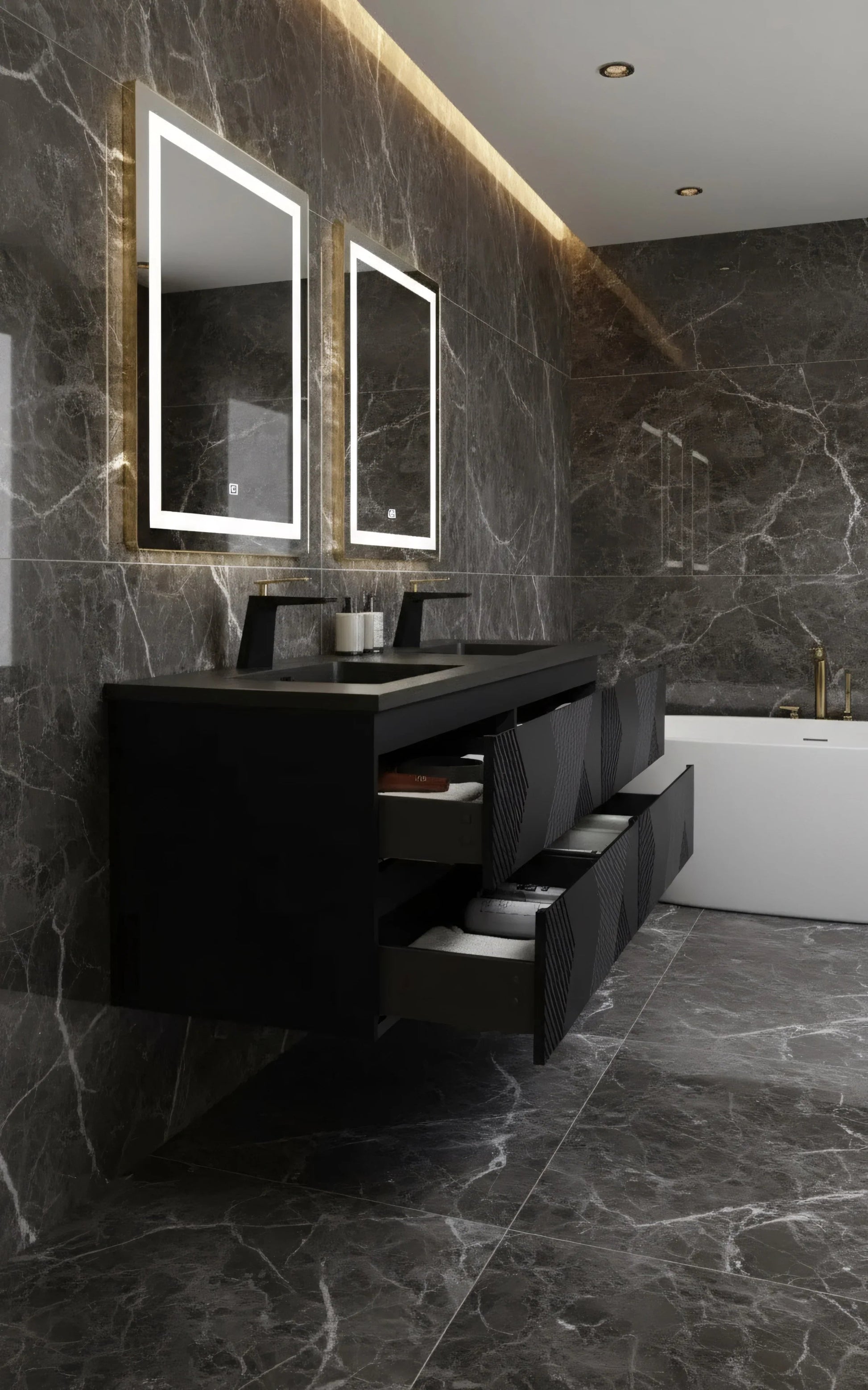 72" Black Wall Mount Double Sink Bathroom Vanity with Black Engineered Quartz Countertop-Migration_Bathroom Vanities-DECOROLALA