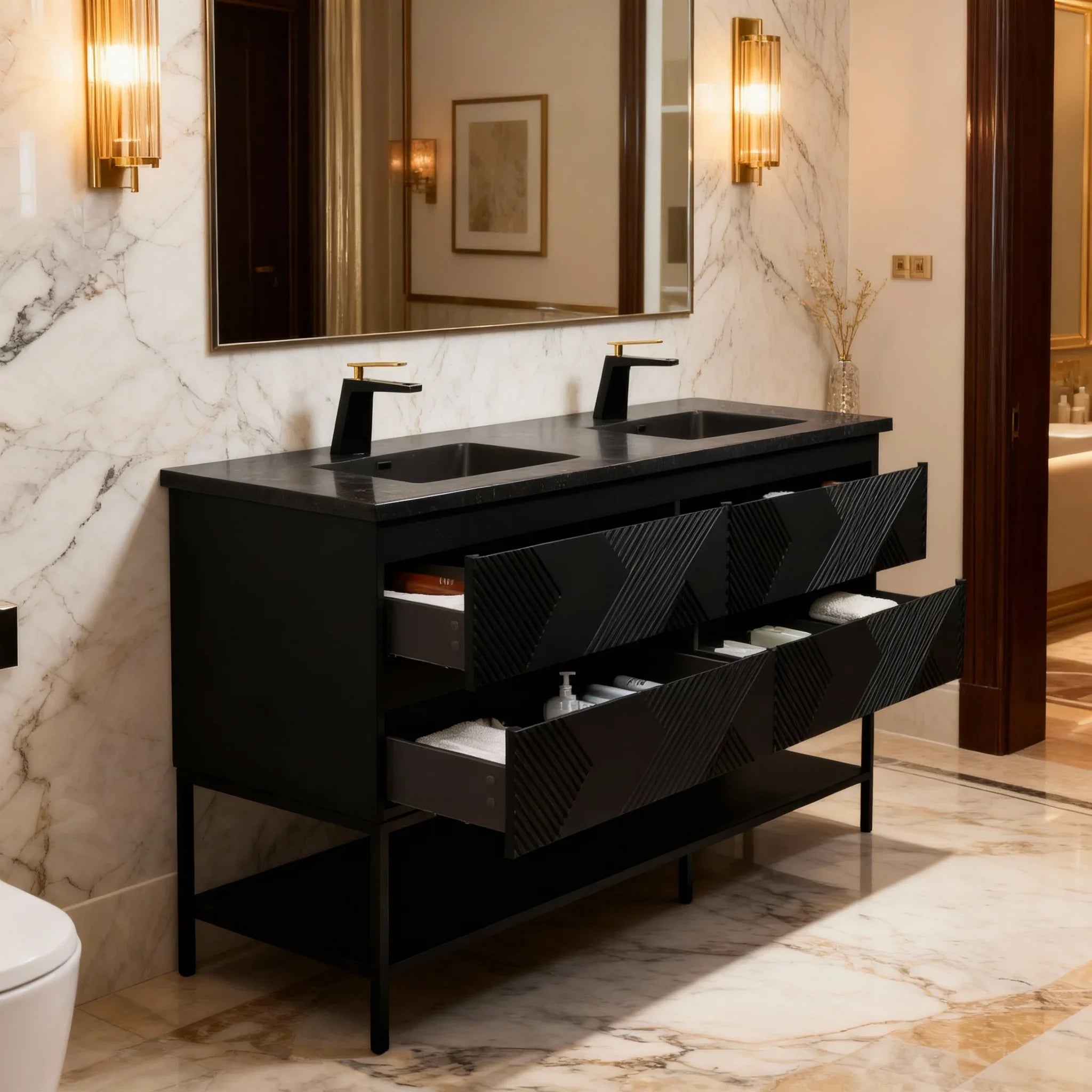 72" Black Wall Mount Double Sink Bathroom Vanity with Black Engineered Quartz Countertop-Migration_Bathroom Vanities-DECOROLALA