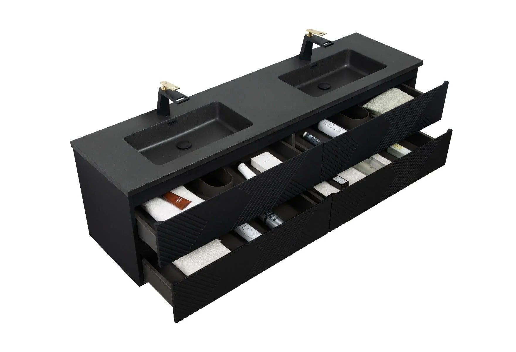 72" Black Wall Mount Double Sink Bathroom Vanity with Black Engineered Quartz Countertop-Migration_Bathroom Vanities-DECOROLALA